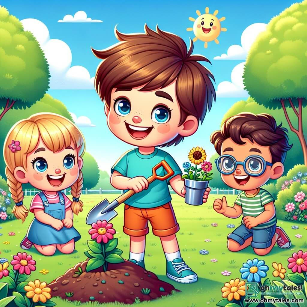 A 6-year-old boy, Leo, with messy brown hair and a big smile, is planting a colorful flower in a sunny park. He is wearing a blue t-shirt and orange shorts, and his eyes are filled with joy and excitement. Next to him, Mia, a 6-year-old girl with braided blonde hair, is wearing a pink dress and holding a small shovel, ready to help him. Sam, a 6-year-old boy with glasses and brown hair, is slightly back, holding a colorful sign that says "Protect our planet!" The park is lush, with majestic trees, vibrant flowers, and a clear blue sky dotted with a few white clouds. In the background, children are playing and laughing while adults cheer them on. The main scene shows Leo and his friends working together to plant flowers and clean the park, symbolizing their commitment to protecting the environment and fighting climate change.
