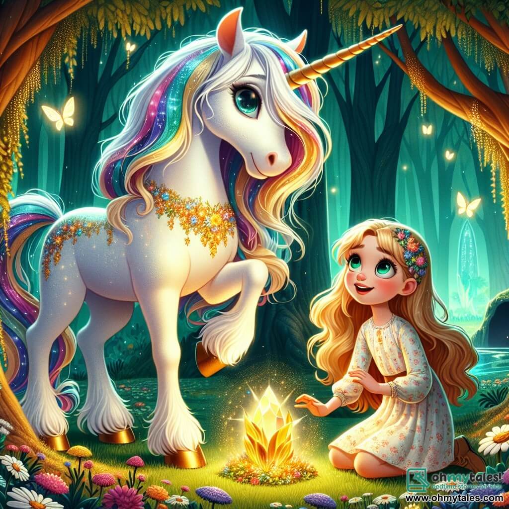 In the center of the image, a beautiful unicorn named Luna stands proudly. Her coat is a brilliant white, and her mane sparkles with rainbow colors, gently floating in the breeze. Her large, bright eyes express a sweet determination as she looks hopefully at the heart of the forest. Next to her, a little girl named Lila, about 8 years old, is full of wonder. She has long golden hair cascading in waves around her smiling face. She wears a light floral-patterned dress and kneels, reaching out towards the heart of the forest, a magical object glowing with golden light. The setting is an enchanted forest, with majestic trees featuring emerald green leaves, colorful flowers dancing in the wind, and a path of daisies leading to a sparkling cave in the background. Fireflies illuminate the air, adding a touch of magic to the atmosphere. The main scene shows Lila and Luna, united in their quest, preparing to place the heart of the forest on a pedestal made of sparkling stones, symbolizing hope and joy restored in their fantastical world.