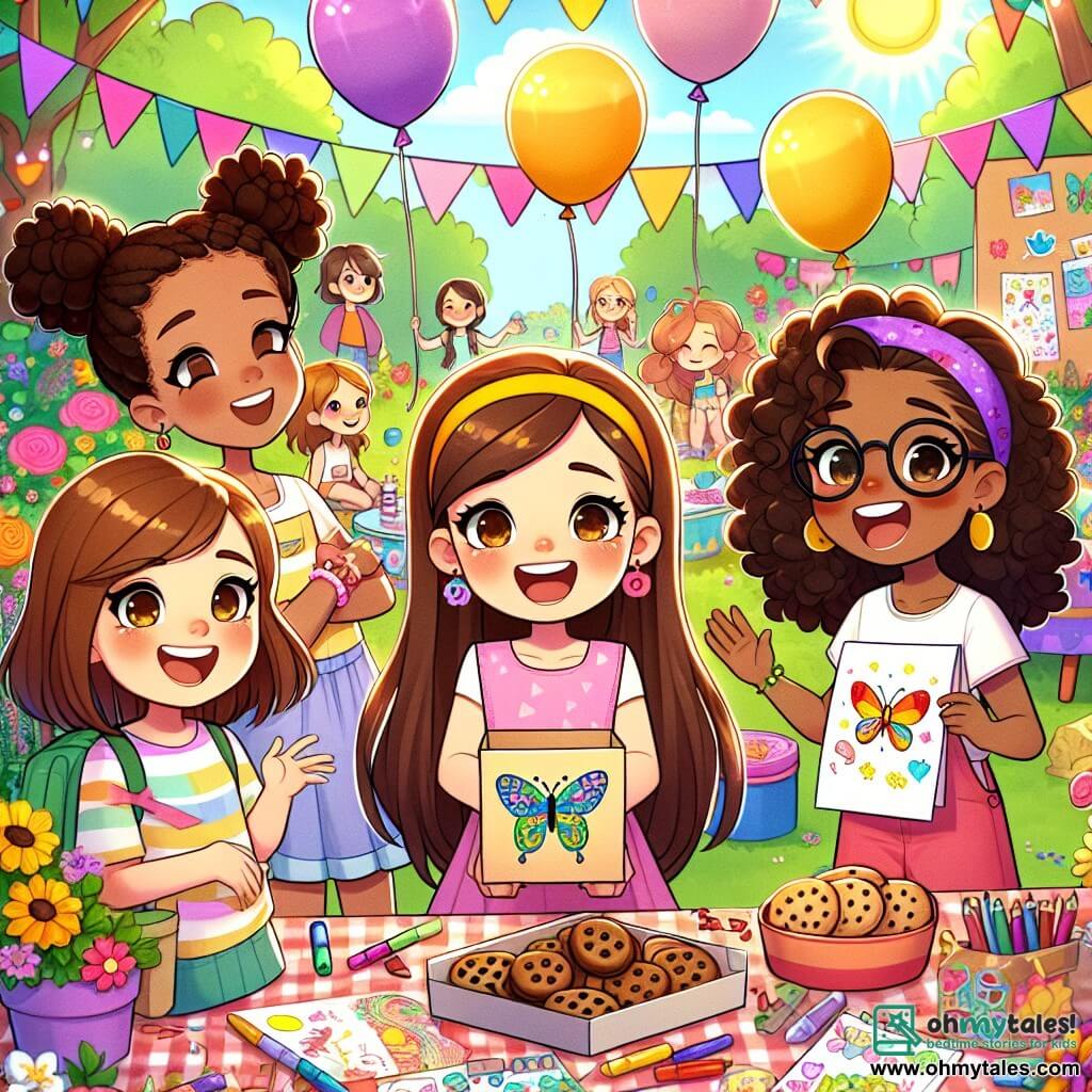 There are four girls, all about 10 years old. Emily, with brown hair and a yellow headband, smiles joyfully while holding a large box of cookies. Mia, with curly hair and sparkling eyes, laughs while holding a colorful sign announcing the sale. Ava, with brown hair and ink stains on her fingers, proudly shows a butterfly drawing hanging on a table. Zoey, with glasses and straight hair, observes the group attentively, ready to ask questions. The setting is a sunny garden filled with colorful flowers and tables decorated with bright tablecloths. Balloons float in the air, and children play around, creating a joyful and welcoming atmosphere. The main scene shows the four friends, surrounded by neighbors and children, selling cookies, drawings, and toys to help their new friend Lily, who stands aside with grateful eyes.