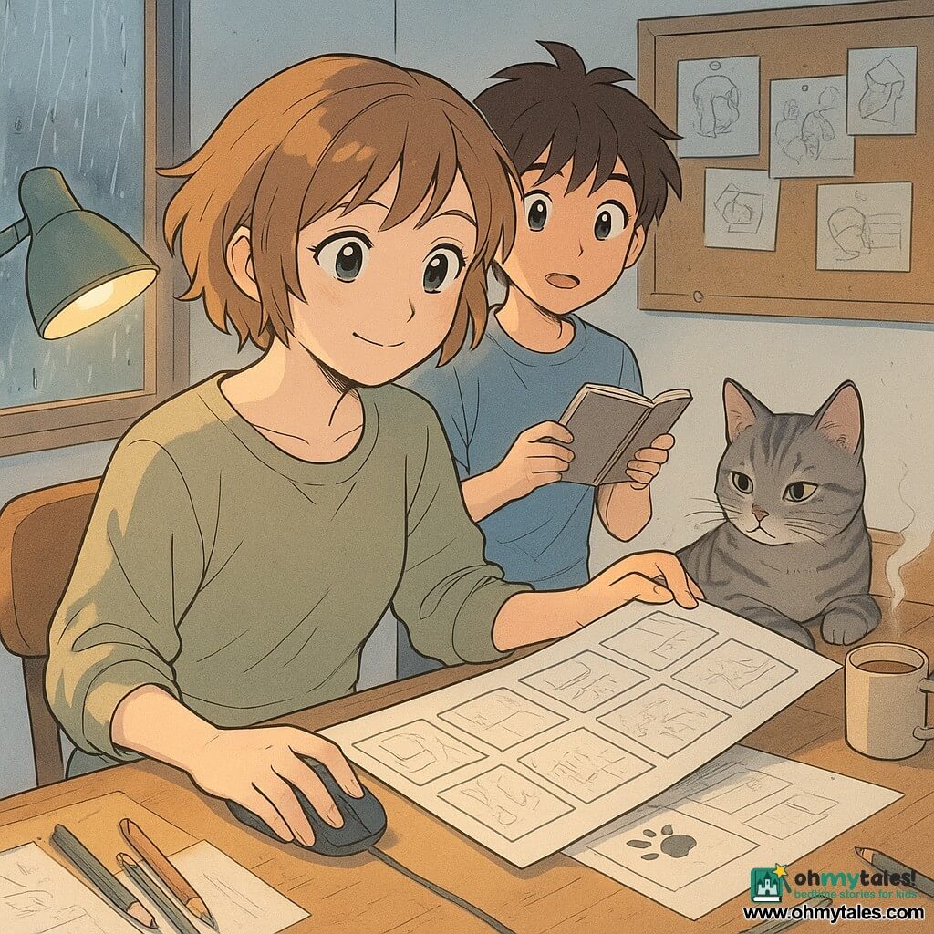 Adult female artist with a round face and large expressive eyes, short messy light brown hair, timid but determined smile, seated at a small wooden desk placing a large paper storyboard into an envelope, confident posture with one hand on a computer mouse; about 12-year-old boy (Jalen), brown hair, lively eyes, curious and admiring expression, standing slightly behind the chair holding an open small notebook and looking at the storyboard as if discovering a treasure; cat named Pepper, gray tabby, paw on a storyboard sheet leaving a visible paw print, lying by a steaming cup of tea; small bright studio by a rainy window, organized clutter of pencils, brush pots, scattered storyboard sheets, corkboard with sketches, visible paper textures and graphite smudges; close three-quarter slightly elevated view focusing on faces and storyboard, warm soft desk-lamp light contrasting with cold rain, pastel palette of soft ochres, blue-grays and mint green, calm post-work atmosphere mixing concentration and relief with crisp graphic details (ink lines, subtle shadows, paw print) to enhance emotion and texture.