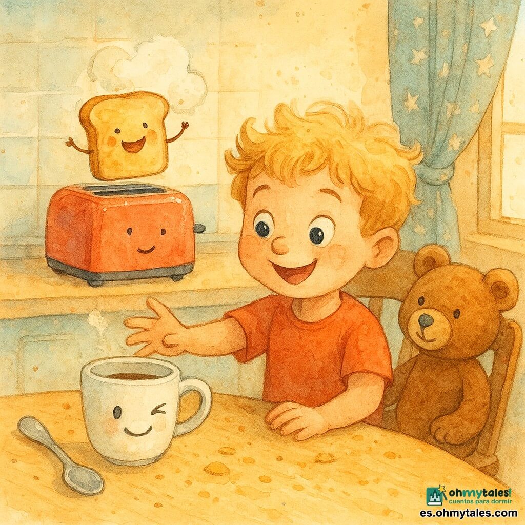 Un niño de 4 años, pelo rubio como nube, mejillas redondas y ojos abiertos, expresión maravillada y traviesa, sonríe suavemente mientras extiende la mano hacia una taza que le guiña; un osito de peluche marrón, blando, sentado en la silla a su derecha y un poco detrás, mira la escena con una pata levantada como si escuchara; una taza blanca con un ojo que parpadea y una cuchara brillante a la izquierda que vibra está sobre la mesa frente al niño; un tostador rojo en el fondo, sobre la encimera, suelta un pequeño soplo de vapor y un pan tostado sonriente salta en el aire; cocina pequeña y acogedora, paredes color crema, azulejos pastel antiguos, mesa de madera clara con migas que parecen formar pequeñas olas, luz suave de la mañana entrando por una ventana con cortina de estrellas; escena principal: un desayuno mágico y divertido donde los objetos de cocina cobran vida, ambiente cálido, colores pasteles saturados, texturas de acuarela y salpicaduras juguetonas.