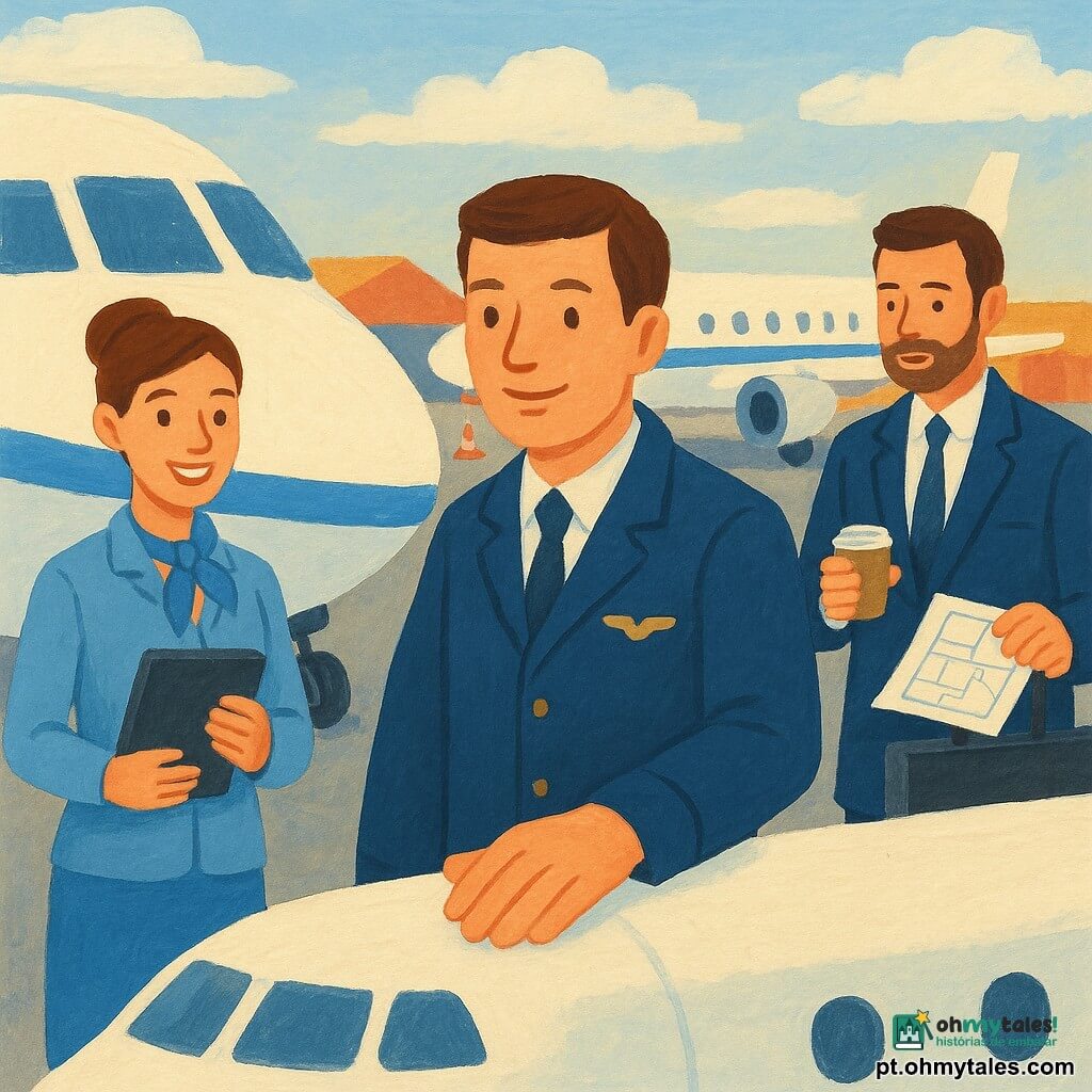 Um piloto na casa dos 30 anos, rosto doux e concentrado, cabelo castanho curto, veste jaqueta de piloto azul-marinho com crachá, apoia a mão direita na fuselagem branca do avião em gesto de saudação, expressão tranquila; ao seu lado esquerdo está Joana, com ~30 anos, cabelo castanho apanhado em coque, uniforme azul-claro, segura uma tablet e sorri; atrás e à direita do piloto está Miguel, cerca de 30 anos, barba rala, camisa branca sob a jaqueta de piloto, segura um copo de café e consulta um plano de voo sobre uma mala; ao fundo, um pequeno avião branco com faixa azul parado numa pista de manhã, solo de asfalto, cones e hangares desfocados sob céu azul-pálido com nuvens; cena de calma antes da decolagem, luz suave da manhã, gestos profissionais e olhares confiantes, composição centrada na mão do piloto e nas expressões da equipe.