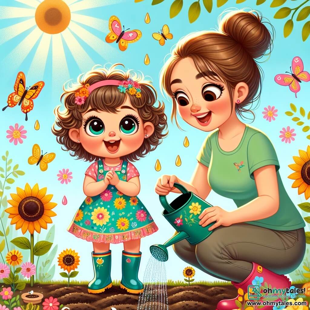 A 2-year-old girl with big bright eyes and curly hair is joyfully smiling while planting sunflower seeds in the garden. She wears a colorful dress with flower patterns and rubber boots. Next to her, her mom, a woman around 30 with long hair tied in a bun, is wearing a green t-shirt and gardening pants, watering the seeds with a watering can. The garden is filled with colorful flowers, butterflies flying, and a bright blue sky. Sun rays illuminate the scene, creating a joyful and spring-like atmosphere. The little girl is digging holes in the soil with a small shovel while her mom lovingly and patiently shows her how to plant the seeds.