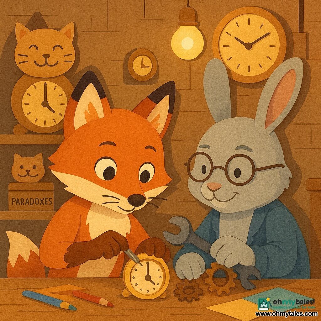 A young curious fox with warm reddish fur and a white chest, bright round eyes and fine whiskers concentrates as he uses a tiny screwdriver to tighten a screw on a miniature clock; beside him Hoptime, an elderly benevolent hare with pearly gray fur, round metal glasses and a calm smile, crouches adjusting a gear with large pliers while looking proudly at the fox; in the left background a small shelf of toy-objects — a smiling cat-shaped clock and a chest labeled Paradoxes — sits lit like silent friends; the scene is a warm workshop with hanging clocks, light wooden shelves, brass and copper highlights, soft yellow round bulbs, colored papers and tools, and textured cardboard-like walls; the fox and hare repair the clock together with precise, companionable gestures, the composition centered on their hands and the clock, in a warm ochre, red and soft blue palette with sharp shadows in a paper-cut style.