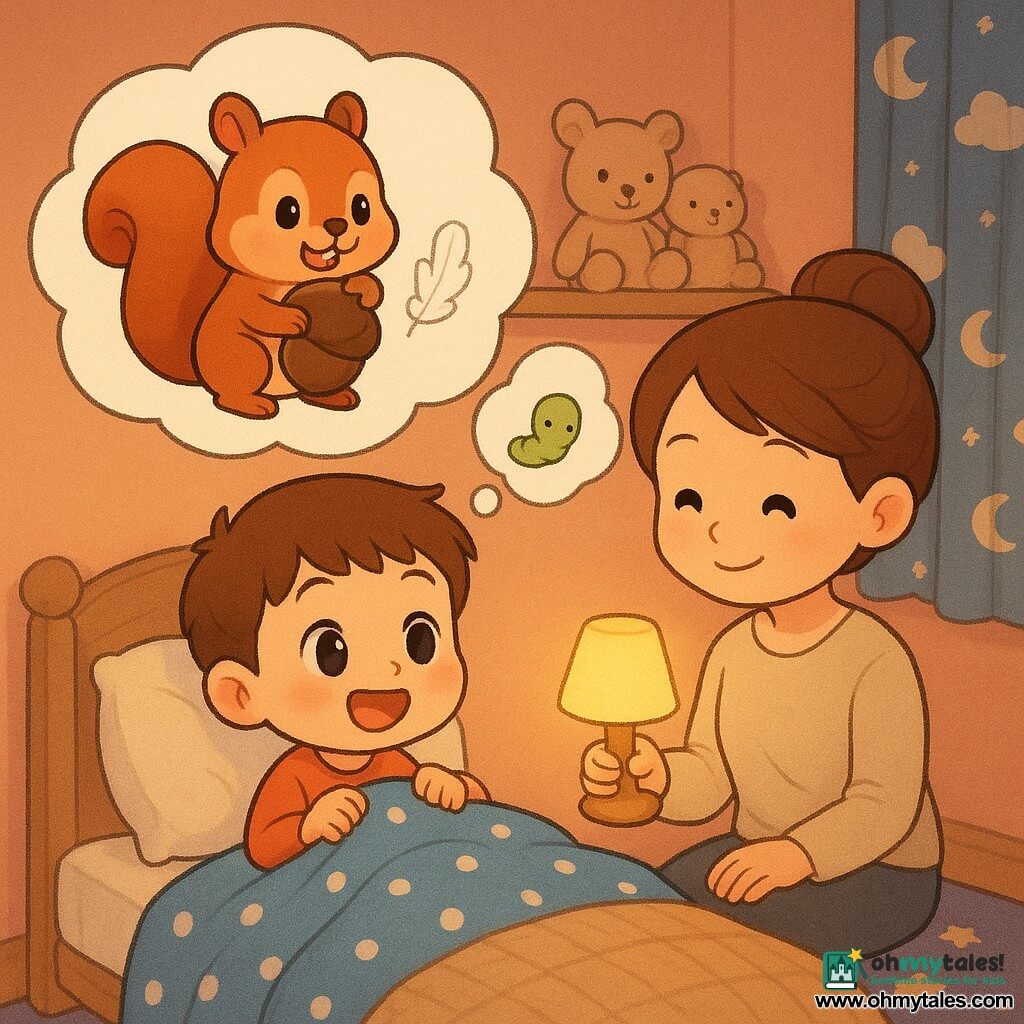 A joyful, wide-eyed 4-year-old boy with short brown hair and rosy cheeks sits semi-upright in bed clutching a blue polka-dot blanket; his mother, with chestnut hair in a bun and a gentle smile, sits on the bedside holding a small yellow lamp that softly lights the cozy peach-walled room with a wooden shelf of stuffed toys, a knitted blanket, a purple star rug and a moon-and-cloud curtain; in thought bubbles above the boy appears Sammy the cartoon squirrel—small, round, bright red fur, mischievous eyes—holding a “big” acorn that is actually a shiny pebble, and another bubble shows a fluffy white feather and a small wiggling green worm drawn playfully and non-disturbingly; warm, dim light and soft shadows create a calm, comforting atmosphere as the boy mimics Sammy and his silly acorns while his mother listens tenderly.