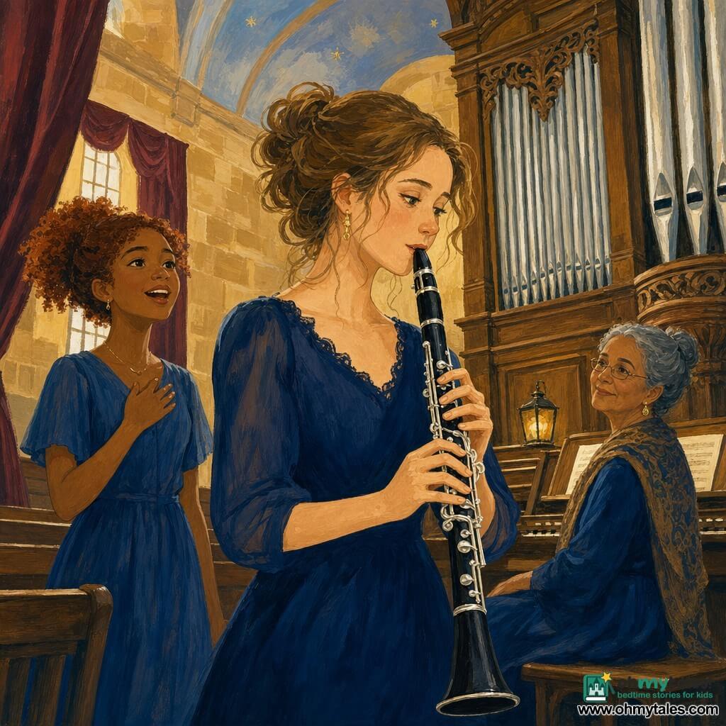 A soft-faced, focused young woman with light chestnut hair in a loose bun, bright calm eyes, holding a shiny black clarinet against her navy dress and playing a small solo; Maya, about 16, with curly red hair and a bright smile, stands slightly behind and to the left singing softly with a hand on her heart; Mrs. Bell, an elderly woman with gray hair in a bun and thin glasses, sits near a large carved wooden organ with a small lantern on the music stand, watching kindly. Setting: a large old music hall with warm stone walls, wooden benches, heavy burgundy curtains and silver organ pipes rising to a pale painted ceiling; soft gouache-like light and visible brush textures. Main moment: an intimate instant before the festival—the soloist plays a tender tune center stage as others and the organ listen, warm reassuring mood, palette of deep blues, warm ochres and touches of gold.