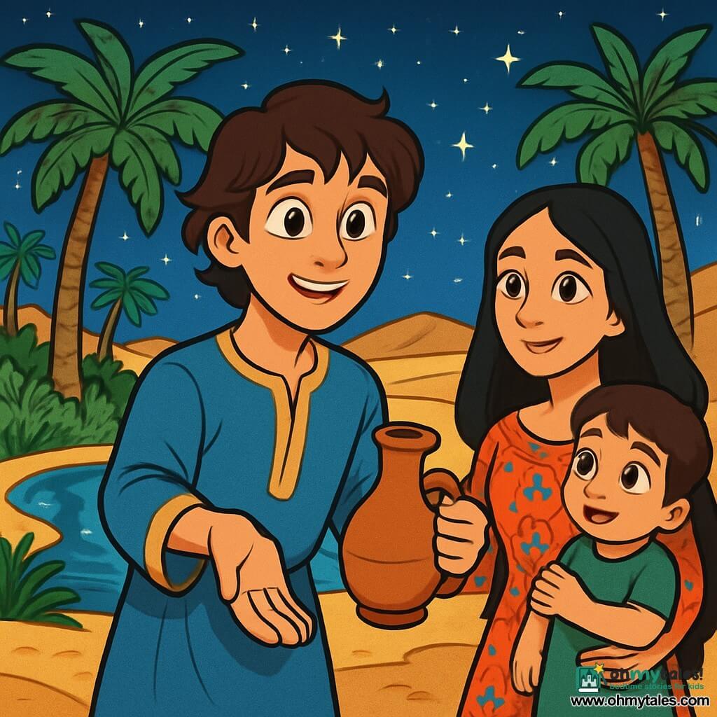 A young man named Tariq, about 18 years old, stands at the center of the image with sparkling eyes of curiosity and a warm, wide smile. He wears a lightweight tunic in shades of blue and gold, and his slightly wavy brown hair adds to his charm. Tariq is extending a friendly hand toward a group of lost travelers, offering them water with a generous expression. Next to him, a woman around 30, with long black hair and dressed in a colorful floral-patterned dress, looks at Tariq with admiration. She holds a small child in her arms, a 5-year-old boy with bright eyes, who gazes at Tariq in wonder. The scene takes place in a magical oasis surrounded by majestic palm trees with vibrant green leaves and crystal-clear water reflecting the twinkling stars of the night sky. The golden desert sand stretches endlessly, dotted with gentle dunes. With his generous heart, Tariq shares his water and provisions with the travelers, creating a moment of solidarity and human warmth in the desert. The stars shine brightly above, adding a touch of magic to this unforgettable encounter.