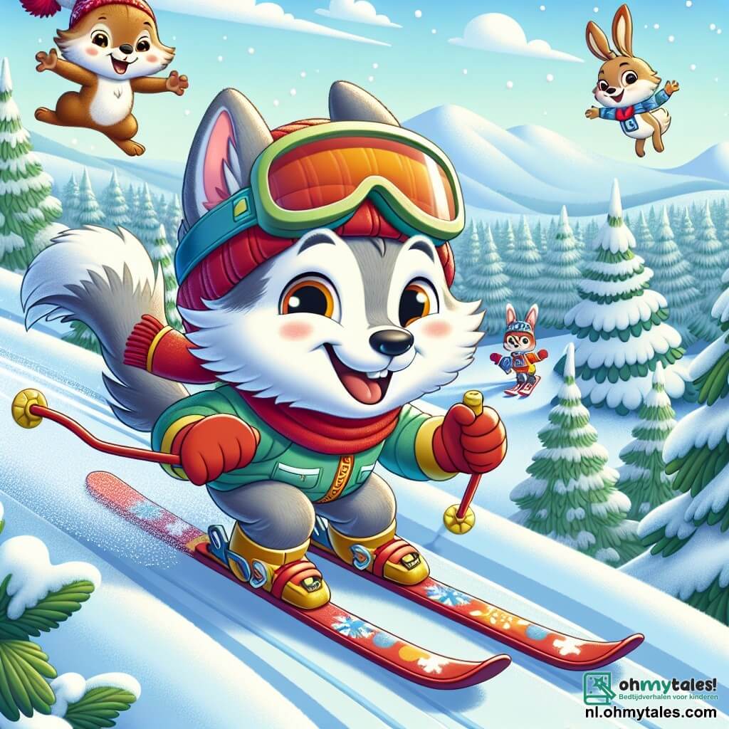 Een kleine wolf genaamd Wout, met een grijze vacht en sprankelende ogen van vreugde, skiën enthousiast op een besneeuwde helling met een grote glimlach op zijn gezicht. Hij draagt een rode helm en skibril, en zijn skies zijn blauw en geel. Naast hem springt zijn beste vriendin, een magische eekhoorn genaamd Pim, met een bruine vacht en een pluizige staart, van blijdschap op een tak, met blije ogen. Pim draagt een klein rood sjaaltje om haar nek en moedigt Wout aan met enthousiaste gebaren. De achtergrond toont een prachtig winterlandschap met met sneeuw bedekte dennenbomen, een heldere blauwe lucht en zacht vallende sneeuwvlokken. In de achtergrond kijken andere bosdieren, zoals konijnen en vogels, bewonderend naar de scène. De belangrijkste situatie laat Wout zien die behendig over de sneeuw glijdt, terwijl Pim hem vanaf de tak aanmoedigt, wat een sfeer van kameraadschap en vreugde creëert.
