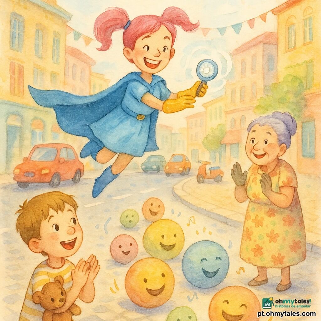 Super Lila, jovem e alegre, cabelo rosa em coques, capa azul-claro e luvas douradas, sorri segurando um pequeno aparelho redondo chamado Risonhômetro que emite ondas luminosas; um menino de cerca de 6 anos com camiseta listrada e um ursinho, olhos maravilhados, está à frente à esquerda aplaudindo; Dona Fifi, mulher idosa com cabelo violeta preso, vestida com flores, está à direita na calçada, surpresa mas sorrindo, olhando pedras; a cena passa numa larga avenida de cidade colorida com prédios em tons pastéis, carros e trotinetes parados, calçadas de pedra e bandeirolas sobre a rua; situação principal: um monte de grandes pedras multicoloridas e brilhantes, algumas com carinhas sorridentes, rola gentilmente para os lados rindo e abre passagem; atmosfera festiva com luz suave do fim da manhã, efeito aquarela e texturas granulosas visíveis.