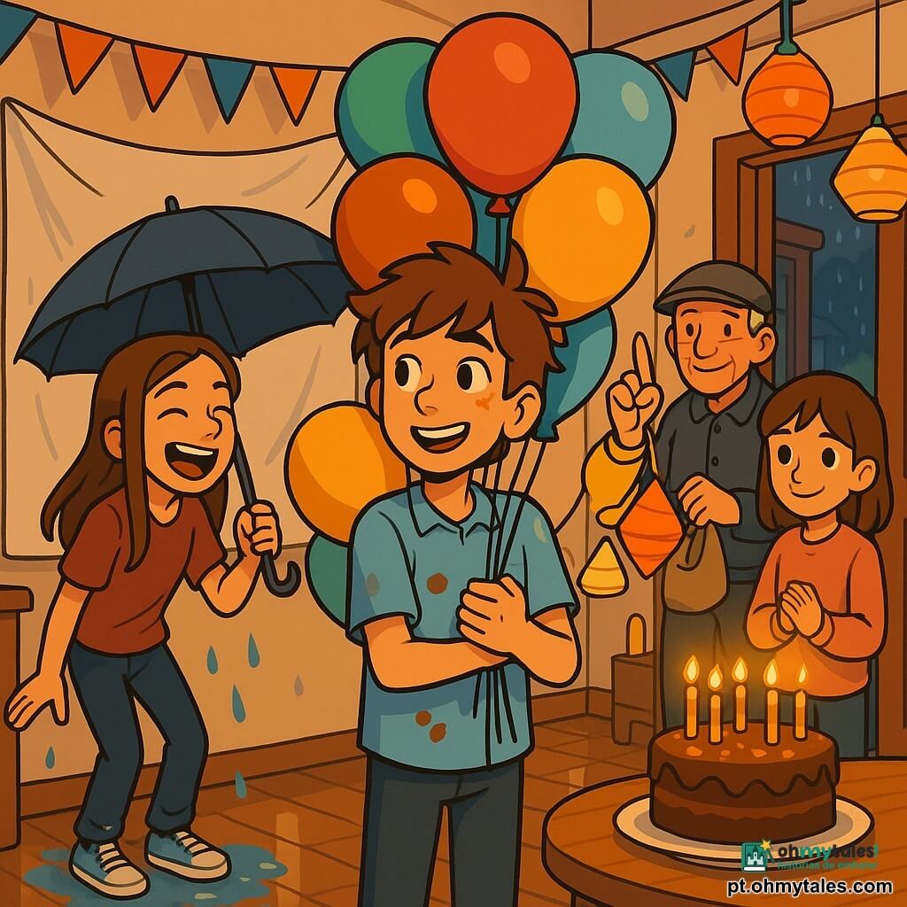 Um menino de 12 anos (cabelos castanhos despenteados, manchas de chocolate na camisa azul-clara) segura um grande buquê de balões multicoloridos, sorrindo emocionado e olhando os amigos; Inês (~12), risonha, cabelos castanhos longos molhados, segura um grande guarda-chuva aberto atrás dele; Diogo (~12), travesso, veste jaqueta amarela e segura cordas de lanternas apontando para o teto; Lara (~12), tímida e sorridente, usa suéter rosa e está junto ao bolo com as mãos juntas; o senhor Rui (cerca de 60 anos), de boné cinza, segura um saco de lanternas ao fundo. Local: sala de apartamento aconchegante transformada em festa, paredes creme com guirlandas, mesa de madeira com bolo de chocolate e doze velas acesas, lençol branco estendido como tela, janelas embaçadas com chuva lá fora. Situação: festa de aniversário na chuva, crianças improvisam cinema de sombras e oferecem balões; ambiente acolhedor com iluminação dourada de lanternas e velas, reflexos molhados no chão, expressões de alegria. Estilo: cartoon 3D em cel‑shading, linhas nítidas, texturas suaves, paleta viva, composição centrada no menino e nos balões.