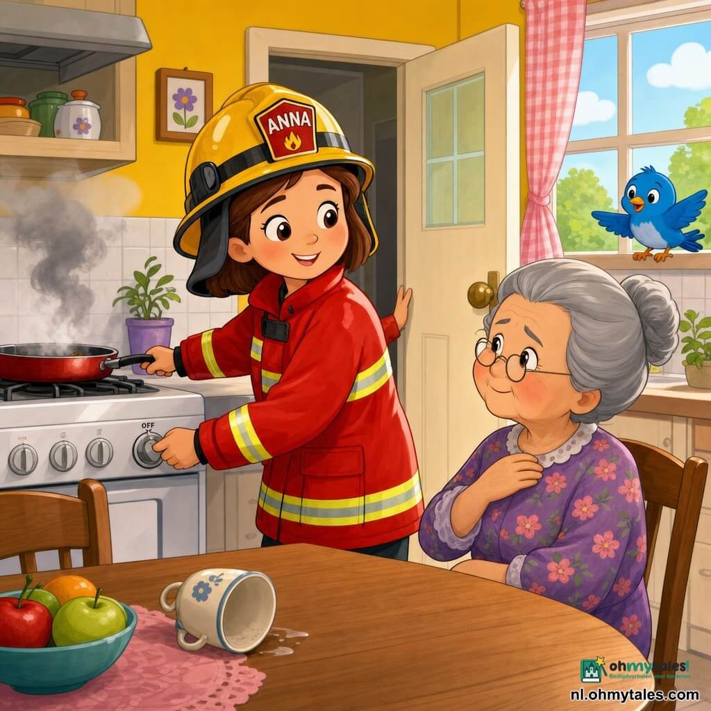 Brandweervrouw Anna, vriendelijk en geruststellend, kort bruin haar, glanzend rood beschermjack en te grote gele helm, houdt met de ene hand de steel van een pan en met de andere de keukendeur; oudere vrouw (oma) met grijs haar in een knot en bloemenjurk zit bij de tafel, licht opgelucht met een verlegen glimlach, er stijgt wat lichte rook achter haar op; een klein felblauw vogeltje op de vensterbank met opengesperde vleugels kijkt nieuwsgierig naar binnen; de lichte, zonnige keuken heeft gele muren, witte tegels en een bruine houten tafel met een omgevallen kopje; Anna blust de pan kalm en doelgericht, beschermend en warm ondanks de rook.
