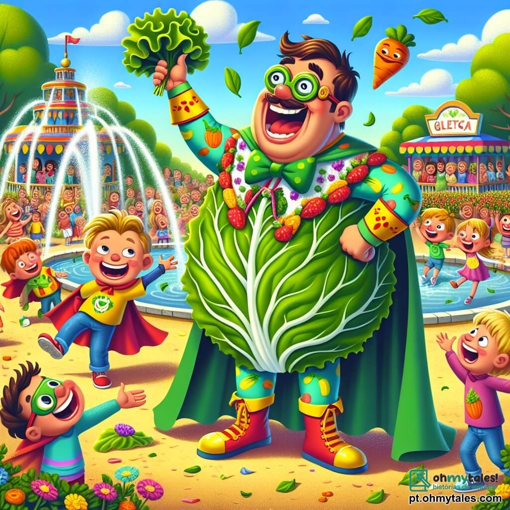 O personagem principal, o Capitão Abobrinha, é um homem com um grande sorriso travesso, vestindo uma capa verde feita de folhas de alface e um traje colorido decorado com padrões de legumes. Ele ri alegremente enquanto mostra uma abobrinha gigante para crianças maravilhadas ao seu redor. Entre os personagens secundários, os Irmãos Bagunça, dois meninos de cerca de 8 e 10 anos, estão fantasiados de super-heróis com capas feitas de toalhas e óculos de sol ridículos. Eles estão malabarizando com abobrinhas, rindo de sua própria desajeitação, um pouco afastados do grupo principal. A cena ocorre em uma charmosa praça ensolarada, cercada por árvores verdes e flores coloridas, com uma grande fonte no centro que espirra alegremente. Crianças brincam ao redor, criando uma atmosfera festiva e alegre. A situação principal mostra o Capitão Abobrinha transformando gelados em abobrinhas, provocando risos e alegria entre as crianças, enquanto os Irmãos Bagunça, divertidos, tentam imitá-lo com suas próprias abobrinhas.