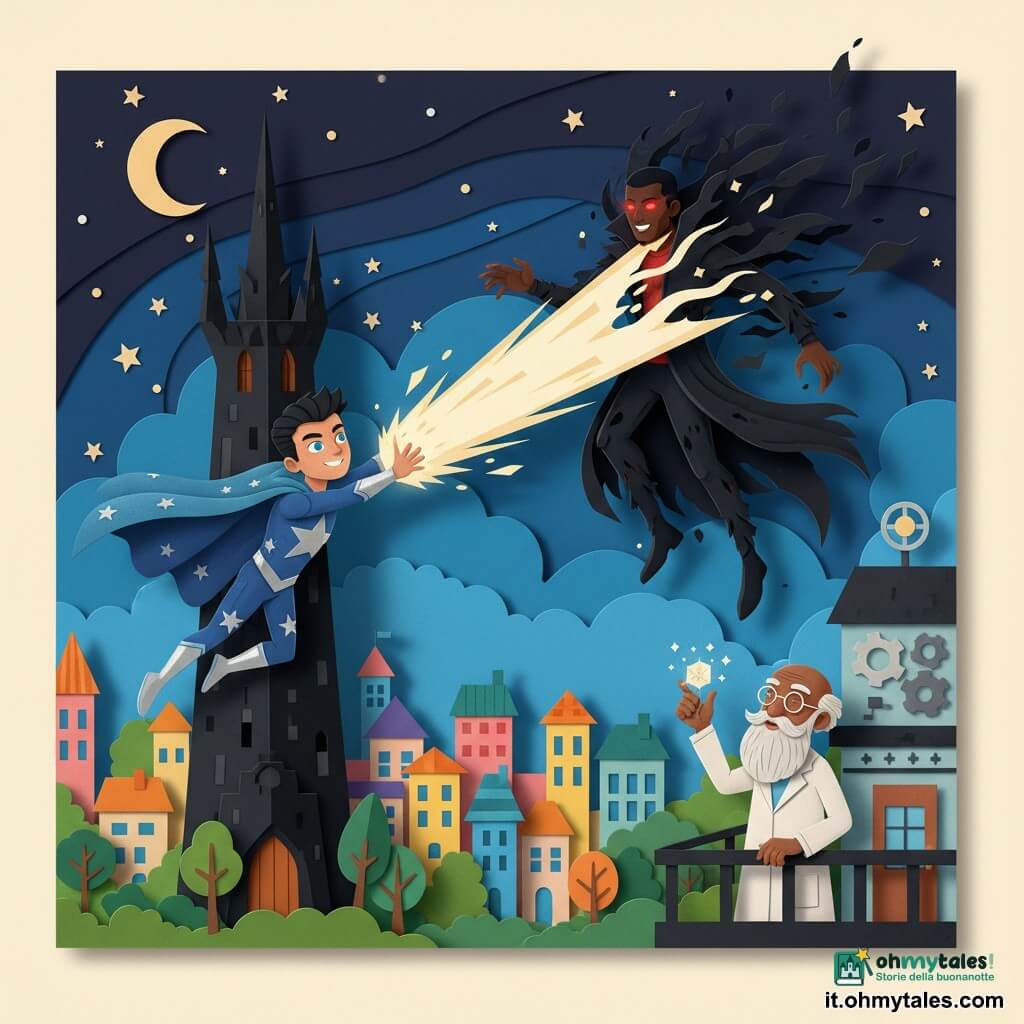 Un giovane (Leo), ~25 anni, volto sorridente ma determinato, capelli corti neri, occhi azzurri, veste un costume blu e argento decorato di stelle con mantello fluttuante; vola in diagonale verso una torre lanciando un ampio fascio luminoso giallo-bianco dalle mani. Un uomo anziano (dottor Vortex), ~70 anni, lunga barba bianca, occhiali rotondi e camice, su un balcone in basso a destra tiene un piccolo dispositivo luccicante e incita Leo con espressione fiera e rassicurante. Un uomo adulto (Obscuro), ~40 anni, alto con mantello nero strappato, occhi rossi luminosi e un’ombra nerastra vorticosa, è colpito dal raggio e arretra mentre frammenti d’ombra si dissolvono. Ambiente: grande torre nera dalle creste dentellate sotto un cielo notturno stellato, la città di Lumina in basso con case colorate e alberi stilizzati; effetto carta ritagliata con texture sovrapposte, bordi visibili e ombre nette. Scena epica e dinamica, forte contrasto tra luce calda e ombra fredda, colori saturi e forme semplici.