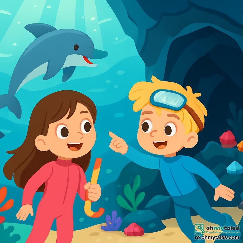 Există două personaje principale: Ana, o fată de 7 ani cu părul lung și brunet și ochi strălucitori, îmbrăcată într-o costum de baie roz și ținând un tub de scufundare în mână, zâmbind, fascinată de frumusețea oceanului, și Matei, un băiat de 7 ani cu părul blond și dezordonat, purtând ochelari de scufundare pe frunte și un costum de baie albastru, care înoată lângă Ana, arătând spre un delfin care sări vesel prin valuri. Acțiunea are loc într-o mare turcoaz minunată, plină de corali colorați și pești multicolori. Razele soarelui pătrund prin apa limpede, iluminând fundul mării și creând o atmosferă magică. Ana și Matei explorează o peșteră subacvatică misterioasă, înconjurați de pietre prețioase strălucitoare, fascinați de formele ciudate ale algelor și sunetele misterioase care răsună în apă, în timp ce un delfin curios îi observă îndeaproape.