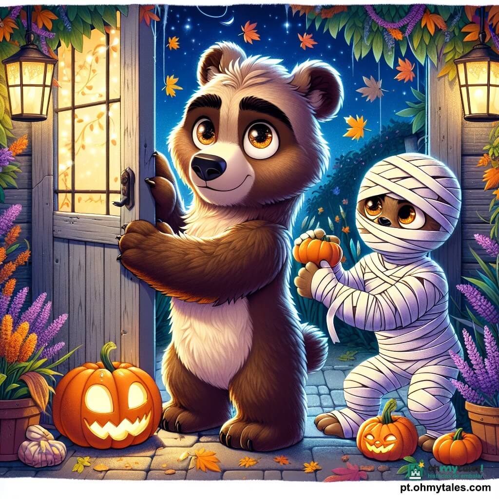 Um urso pardo, chamado Bento, com olhos brilhantes e grandes orelhas, se posiciona firmemente diante de uma porta de madeira cinza, seu rosto exibindo uma expressão de concentração e coragem. Ele tem patas robustas e um pelo macio, levemente desgrenhado pelo vento de Halloween. Ao seu lado, uma múmia chamada Lina, envolta em faixas de linho brancas e com olhos marrons acolhedores, ajusta uma pequena abóbora decorada, seu rosto irradiando determinação e bondade. Ela está agachada perto de um vaso de lavanda, pronta para ajudar Bento. O cenário é uma estufa de vidro, repleta de plantas exuberantes em cores vibrantes, com lanternas de abóbora iluminadas projetando sombras dançantes nas paredes. Folhas de outono giram ao redor deles, criando uma atmosfera mágica e misteriosa. A situação principal mostra Bento segurando a porta contra um vento forte, enquanto Lina prepara uma abóbora como cunha para mantê-la fechada, ambos unidos em um momento de coragem e amizade durante esta noite de Halloween.