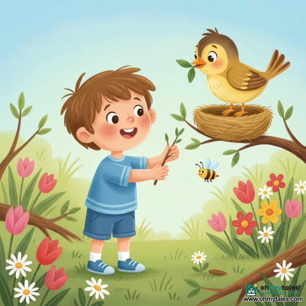 A smiling 4-year-old boy with messy brown hair, wearing a blue shirt and shorts, holds and reaches a small twig toward a nest as a round female bird with yellow-brown plumage perches above holding a leaf; a tiny black-and-yellow striped bee buzzes near flowers to the boy's right; a colorful spring garden of green grass, pink and red tulips, white daisies, low branches and fallen leaves, soft morning light and pale blue sky; warm, centered, intimate joyful scene with visible thick pastel textures, bright colors and rounded contours.