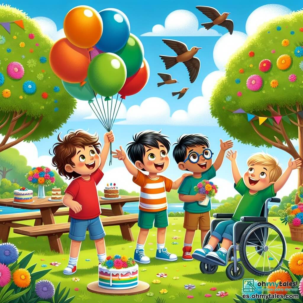 En un parque soleado, cuatro amigos están juntos, rodeados de flores coloridas. A la izquierda, Pablo, un niño de 8 años con cabello castaño desordenado y una camiseta roja, sonríe levantando los brazos como si volara. A su lado, Luis, un niño de 9 años con cabello rubio y gafas redondas, mira emocionado un grupo de globos multicolores. En el centro, Mateo, un niño de 7 años con cabello negro y pantalones cortos azules, señala al cielo, maravillado por los pájaros que se acercan. Finalmente, a la derecha, Tomás, un niño de 6 años en silla de ruedas, con cabello castaño y una camiseta verde, sonríe alegremente, sosteniendo una galleta de chocolate en sus manos. El parque está lleno de vegetación, con grandes árboles de hojas brillantes y un cielo azul salpicado de nubes blancas. Una mesa de picnic decorada con flores coloridas y pasteles está en el centro, añadiendo un toque festivo al ambiente. Los niños están liberando cartas atadas a globos que se elevan al cielo, mientras pájaros coloridos vuelan a su alrededor, listos para entregar sus mensajes de amor a sus mamás.
