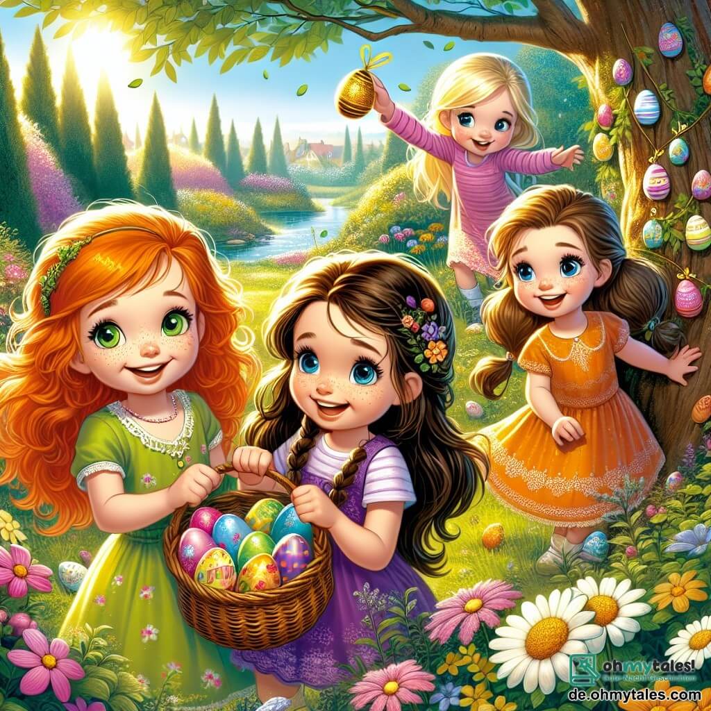In einem sonnigen Garten sind vier kleine Mädchen versammelt, um Ostereier zu suchen. Mia, ein sechsjähriges Mädchen mit roten Haaren und funkelnden grünen Augen, steht links mit einem Lächeln und hält einen kleinen Korb voller bunter Eier. Emma, ebenfalls sechs Jahre alt, hat lange geflochtene blonde Haare und blaue Augen. Sie steht in der Mitte und zeigt auf ein Ei, das hinter einem großen Baum versteckt ist. Leni, ein weiteres sechsjähriges Mädchen mit braunen Haaren und Sommersprossen, hockt rechts und hebt ein glänzendes Ei aus dem Gras auf. Sophie, das letzte Mädchen, hat braune Haare und braune Augen. Sie steht etwas weiter hinten, hüpft vor Freude mit einem großen Lächeln und hält die kleine goldene Glocke. Der Garten ist voller bunter Blumen, großer grüner Bäume und eines kleinen, im Sonnenlicht glitzernden Teiches. Überall sind Ostereier in lebhaften Farben verstreut, versteckt hinter Büschen und unter den Blumen. Die vier Freundinnen lachen und haben Spaß, während sie Eier suchen und die Überraschungen entdecken, die der Garten für sie bereithält. Es ist ein Moment voller Freude und Freundschaft, voller Magie und Farben.
