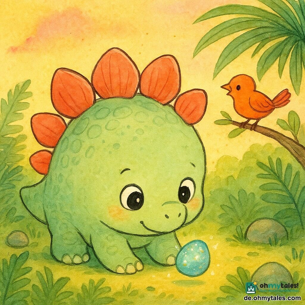 Ein kleiner, runder Stegosaurus mit blassgrünen Schuppen und korallenrosa Rückenplatten blickt mit großen, glänzenden Augen neugierig auf den Boden und hält lächelnd einen funkelnden Kiesel zwischen seinen Vorderbeinen; ein winziger Sternenstein in hellblauem, glitzerndem Polierton strahlt einen leichten Heiligenschein aus und schwebt knapp über dem Boden neben ihm, im Hintergrund sitzt rechts ein kleines, orangegefiedertes Vogel-Dinosaurier auf einem niedrigen Ast und zwitschert; die Szene spielt in einer sonnigen, prähistorischen Lichtung mit strukturierten grünen Farnen, Palmenblättern, einigen runden Felsen und einem gelb-rosa Verlaufshimmel, Morgenstimmung, sanft und sicher, zentrierte Komposition, kräftige Farben und klare Konturen für Kinder.