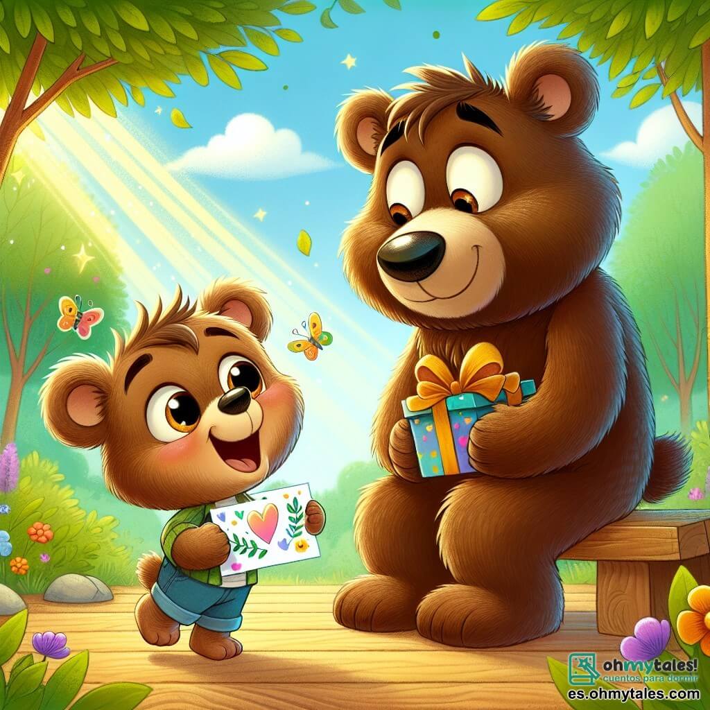 Oso, un pequeño oso de peluche con grandes orejas y pelaje marrón suave, está de pie con una gran sonrisa en el rostro, sosteniendo una tarjeta colorida y un pequeño regalo decorado con hojas y flores. Está lleno de alegría y emoción, listo para sorprender a su papá. Papá Oso, un oso más grande con pelaje marrón oscuro y una expresión cálida, está sentado en un banco de madera, mirando a Oso con ojos brillantes de orgullo y amor. Tiene una sonrisa tierna, disfrutando del momento especial entre padre e hijo. La escena se desarrolla en un claro soleado del bosque, rodeado de árboles verdes, flores coloridas y un cielo azul brillante. Rayos de sol filtran a través de las hojas, creando una atmósfera alegre y cálida. Oso, emocionado, presenta su sorpresa a Papá Oso para el Día del Padre, mientras el aire está lleno de risas y amor, capturando un momento precioso entre ellos.