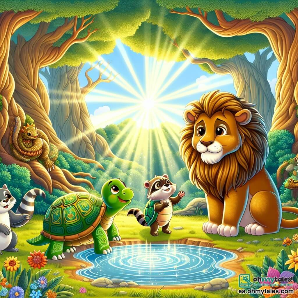 Un majestuoso león llamado Leo, con una hermosa melena dorada y ojos brillantes de amabilidad, se encuentra en el centro de la escena, mostrando una expresión de determinación y benevolencia. A su lado, una tortuga llamada Tina, con un caparazón verde adornado de patrones, mira a Leo con admiración, mientras que un pequeño mapache llamado Riki, con ojos chispeantes y pelaje gris, levanta una pata en señal de aliento. Al fondo, un gran dragón de escamas doradas, con una mirada triste pero llena de esperanza, está listo para ayudarles. La escena transcurre en un claro soleado de la Selva Maravillosa, rodeado de árboles gigantes y flores coloridas que bailan al viento. En el centro, una fuente mágica brilla, casi seca, mientras los rayos de sol filtran a través de las hojas, creando un ambiente cálido y acogedor. Leo, junto a sus amigos, se prepara para salvar la fuente uniendo sus fuerzas, ilustrando el poder de la amistad y la solidaridad en una aventura mágica.