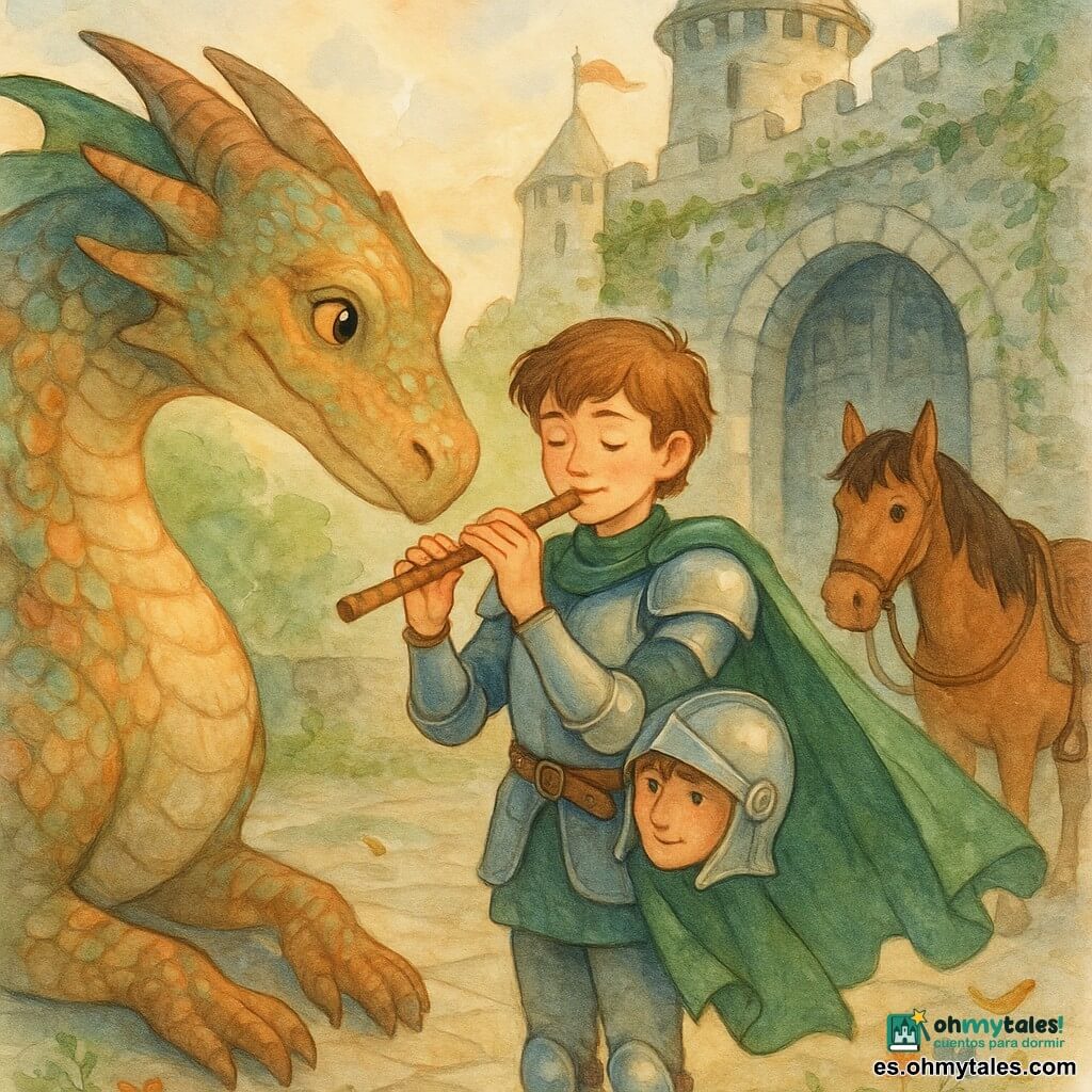 Un joven caballero, Sir Hugo, sonriente y sereno, toca una pequeña flauta de madera junto a la entrada del castillo; lleva una armadura ligera brillante con reflejos azules y el yelmo al hombro, una capa verde que ondea, rostro juvenil de unos 16 años, ojos marrones, leves pecas y postura confiada pero calmada; un enorme dragón de escamas irisadas cobre y verde, de ojos suaves y curiosos, se arrodilla escuchando la música; a la derecha, detrás del caballero, un caballo alazán llamado Brinco, fiel y ensillado, relajado con las orejas hacia adelante; al fondo, la pesada puerta de piedra del castillo de los Vientos, una torre alta con banderas, enredaderas y musgo en los muros; suelo empedrado con algunas flores silvestres y hojas arrastradas por el viento; ambiente de luz cálida vespertina, tonos acuarela suaves y atmósfera de paz y amistad mágica.