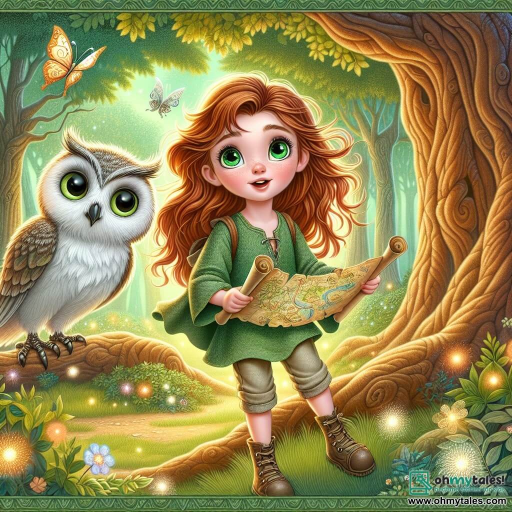 Elara, an 11-year-old girl, stands at the center of the image with auburn hair blowing in the wind and sparkling emerald eyes filled with excitement. She wears a green linen tunic and canvas pants, her face expressing joyful determination as she holds an ancient map, ready to uncover the secrets of the enchanted forest. Beside her, Orion, a wise owl with silver feathers, perches on a low branch of a majestic tree. His large round eyes shine with a friendly glow, seemingly watching Elara with kindness, ready to offer guidance for her quest. The setting is a magical forest with gnarled tree trunks and shimmering leaves, bathed in golden light filtering through the foliage. Luminescent flowers grow on the ground, and fantastical creatures, like butterflies with iridescent wings, flutter around them, adding color to this fairy-tale scene. The main situation shows Elara carefully examining the map, surrounded by the forest's beauty, while Orion explains the first steps of her adventure to find the Whispering Amulet. The atmosphere is filled with a sense of wonder and promise, an invitation to exploration and discovery.