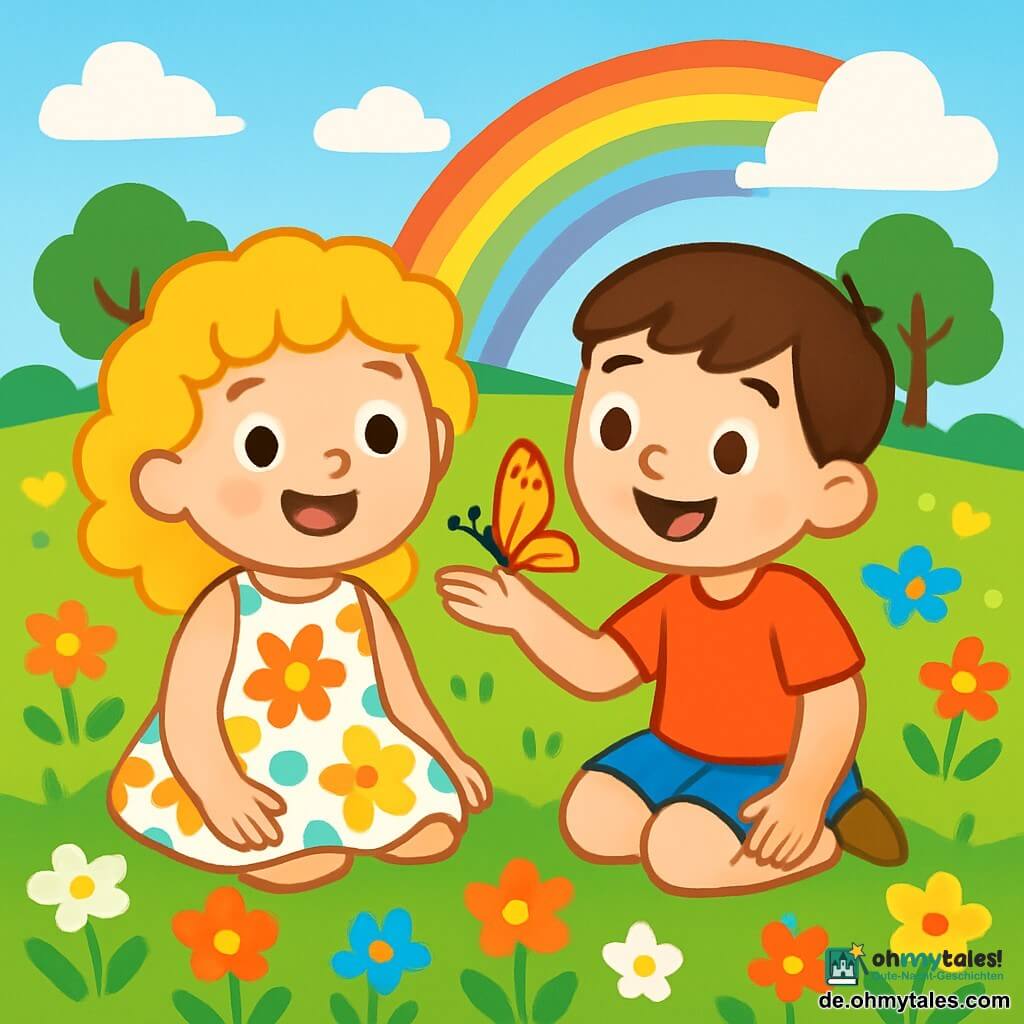 Ein kleines Mädchen von 4 Jahren, Emma, mit lockigem, goldenem Haar und einem großen, erstaunten Lächeln im Gesicht, steht im Zentrum einer wunderschönen blühenden Wiese. Sie trägt ein leichtes, bunt gemustertes Kleid und ihre Augen strahlen vor Neugier. Neben ihr schaut ein 5-jähriger Junge, Leo, mit braunem Haar und funkelnden Augen, auf einen schönen Schmetterling, der auf seiner Hand sitzt, und zeigt einen Ausdruck von Freude und Staunen. Der Ort ist eine sonnige Wiese, gefüllt mit bunten Blumen, die im Wind tanzen, unter einem strahlend blauen Himmel mit fluffigen weißen Wolken. In der Ferne sind majestätische Bäume und ein funkelnder Regenbogen am Horizont zu sehen. Die Hauptsituation zeigt Emma und Leo, die auf dem Gras sitzen und aufmerksam den Schmetterling beobachten, der sanft davonfliegt und ihre Abenteuerlust und aufkeimende Freundschaft symbolisiert.