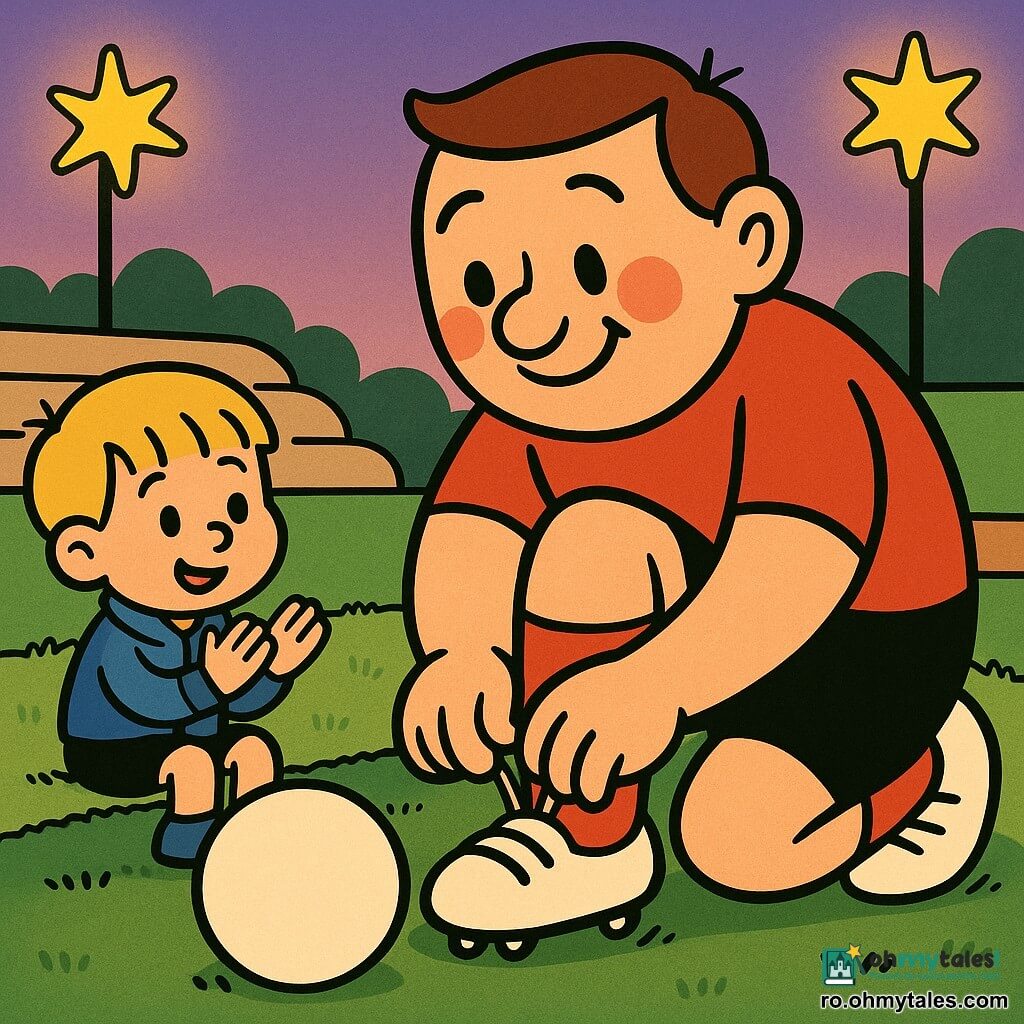 Gabi, un bărbat zâmbitor și calm cu față rotundă, obraji roz și păr scurt șaten, poartă un tricou roșu și ghete albe; se apleacă și își leagă ghetele lângă o minge mare albă cu un zâmbet discret care pare să-l privească, iar un băiat spectator de circa 6 ani, blond cu păr drept, în jachetă albastră, stă pe marginea gazonului din stânga lui și aplaudă ușor; stadion mic și cochet, gazon bine tuns, bănci rotunjite, felinare galbene moi ca stele joase, cer violet de amurg; scena: Gabi se pregătește pentru un meci amical, moment tandru și liniștit, lumină caldă, forme simple și rotunde, culori vii și contraste, linii moi specifice stilului rubber hose