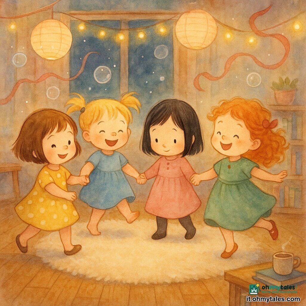 Quattro bambine di circa 3 anni: una bruna con capelli corti e vestito giallo a pois bianchi a sinistra che fa un piccolo passo di danza sorridendo tenendo la mano della vicina; una bionda con capelli in codini e vestito blu che ride sollevando un piedino; una mora con capelli lisci e vestito rosa, timida, al centro-destra che inclina la testa e tiene le mani delle altre; una rossa con capelli ricci e vestito verde con un nastro rosso a destra che fa un piccolo giro sorridendo; ambiente: salotto caldo di notte con parquet chiaro, grande tappeto crema, lanterne di carta appese, ghirlande dorate, scaffale con libri e una tazza di cioccolata su un tavolino, finestra scura che riflette le luci; situazione: le quattro danzano in cerchio al centro del tappeto tenendosi per mano, bolle di sapone luminose come stelle e un papà fuori campo che soffia una bolla visibile, nastri colorati e una sciarpa rossa che fluttuano; atmosfera di dolce gioia, movimenti semplici e arrotondati, colori caldi in stile acquerello con riflessi bianchi sulle bolle e sui lampi di luce.