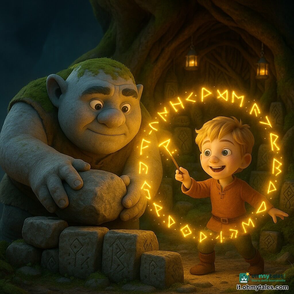 Un grande troll maschio di nome Grullo, volto rotondo e pelle color pietra con macchie di muschio, dall'espressione dolce e determinata, solleva una grossa pietra con mani larghe e ruvide; un ragazzo di 10 anni, Leo, biondo con occhi vivaci, concentrato e gioioso, traccia rune luminose nell'aria con una piccola bacchetta di legno; Leo è vicino alle radici accanto al troll, leggermente avanti, guardando le rune che si illuminano; il luogo è un santuario scavato tra le enormi radici di un albero antico con pareti di legno intrecciato, lanterne sospese, muschio e pietre scolpite coperte di simboli; attorno a loro una nebbia scura arretra davanti a un cerchio di luce dorata formato dalle rune; la scena mostra il troll che sistema pietre per rinforzare una barriera mentre il ragazzo rende le rune luminose creando uno scudo protettivo; palette calda per la luce (oro, ambra), verdi e marroni naturali per l'albero, grigio tenue per il troll e nebbia fredda bluastra per la minaccia; stile: resa 3D morbida e tondeggiante, texture lisce e accoglienti, espressioni adatte ai bambini.