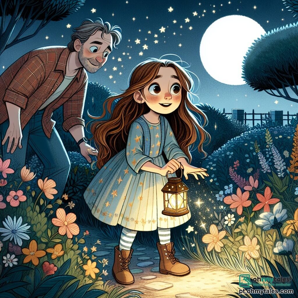 Uma menina de 12 anos, chamada Luísa, está no meio de um jardim noturno, com os olhos arregalados de admiração e curiosidade. Ela tem longos cabelos castanhos, um vestido leve com estampas de estrelas e segura uma pequena lanterna que ilumina seu rosto com uma suave luz dourada. Ao lado dela, seu pai, um homem na casa dos quarenta anos, sorridente e tranquilizador, usa uma camisa xadrez e jeans. Ele se inclina levemente para Luísa, encorajando-a a explorar a noite. O jardim está cheio de flores coloridas, mas à noite tem uma atmosfera mágica. A lua brilha alto no céu, projetando sombras suaves e reflexos prateados na grama. Estrelas cintilam, criando um céu estrelado encantador. A cena principal mostra Luísa e seu pai explorando o jardim sob a luz da lanterna, descobrindo juntos a beleza da noite, enquanto um pequeno ursinho curioso se esgueira entre as flores, adicionando um toque de magia ao momento.