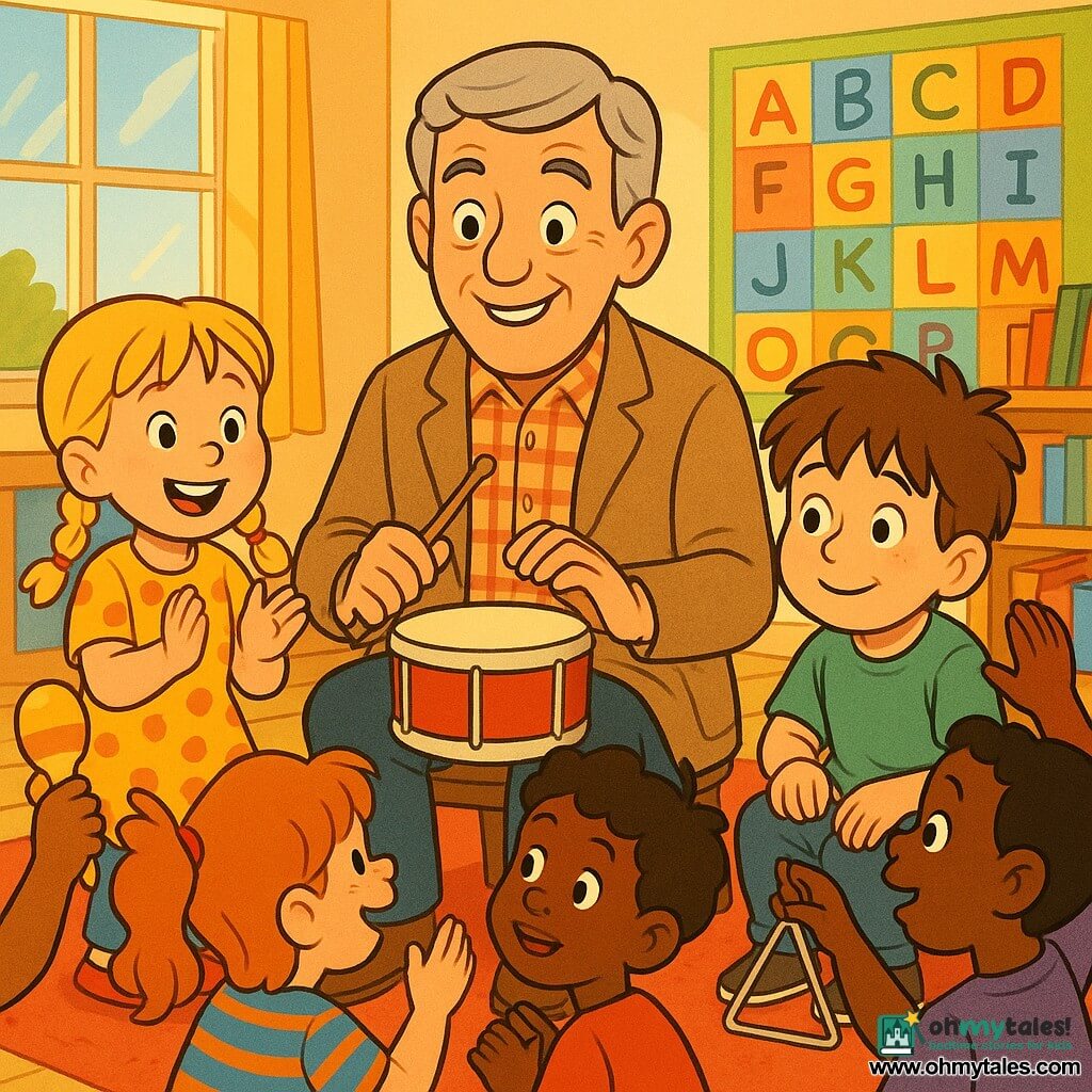 A kind smiling male teacher with short gray hair, wearing a beige wool jacket and plaid shirt, holds a small red drum and taps the rhythm; Emma, about 6, with blonde pigtails in a yellow polka-dot dress, claps joyfully to the teacher’s right with a focused, wide smile; Sam, about 6, with messy brown hair and a green t‑shirt, sits to the teacher’s left timidly tapping his knees and brightening up; 3–4 other children sit in a circle in colorful clothes, some with maracas and a triangle, hands raised in motion; a bright classroom with large sunlit windows, colorful alphabet posters, wooden shelves full of books and a red rug at the center; a warm, dynamic morning musical scene of the teacher leading a small children’s orchestra of clapping and instruments.