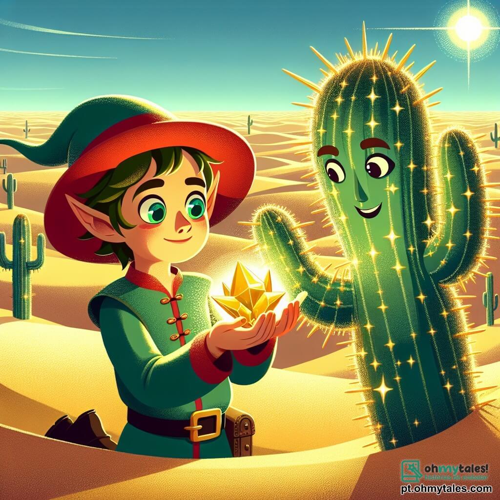 No centro da imagem, um duende chamado Léo, um garoto com orelhas pontudas e olhos brilhantes como esmeraldas, se apresenta com um ar determinado. Ele usa um pequeno chapéu vermelho e uma túnica verde, segurando uma pedra mágica luminosa que ilumina seu rosto com uma suave luz dourada. Ao seu lado, um cacto gigante e sábio, com espinhos cintilantes, se inclina levemente em direção a Léo, como se lhe oferecesse conselhos, com uma expressão benevolente. Ao fundo, o deserto se estende a perder de vista, com dunas douradas sob um céu azul radiante, e miragens dançam no horizonte, criando uma atmosfera mágica e misteriosa. O sol brilha intensamente, projetando sombras suaves no solo. A cena principal mostra Léo, o duende, descobrindo a pedra mágica em uma caverna secreta, cercado pela beleza do deserto, pronto para restaurar o equilíbrio de sua amada oásis.