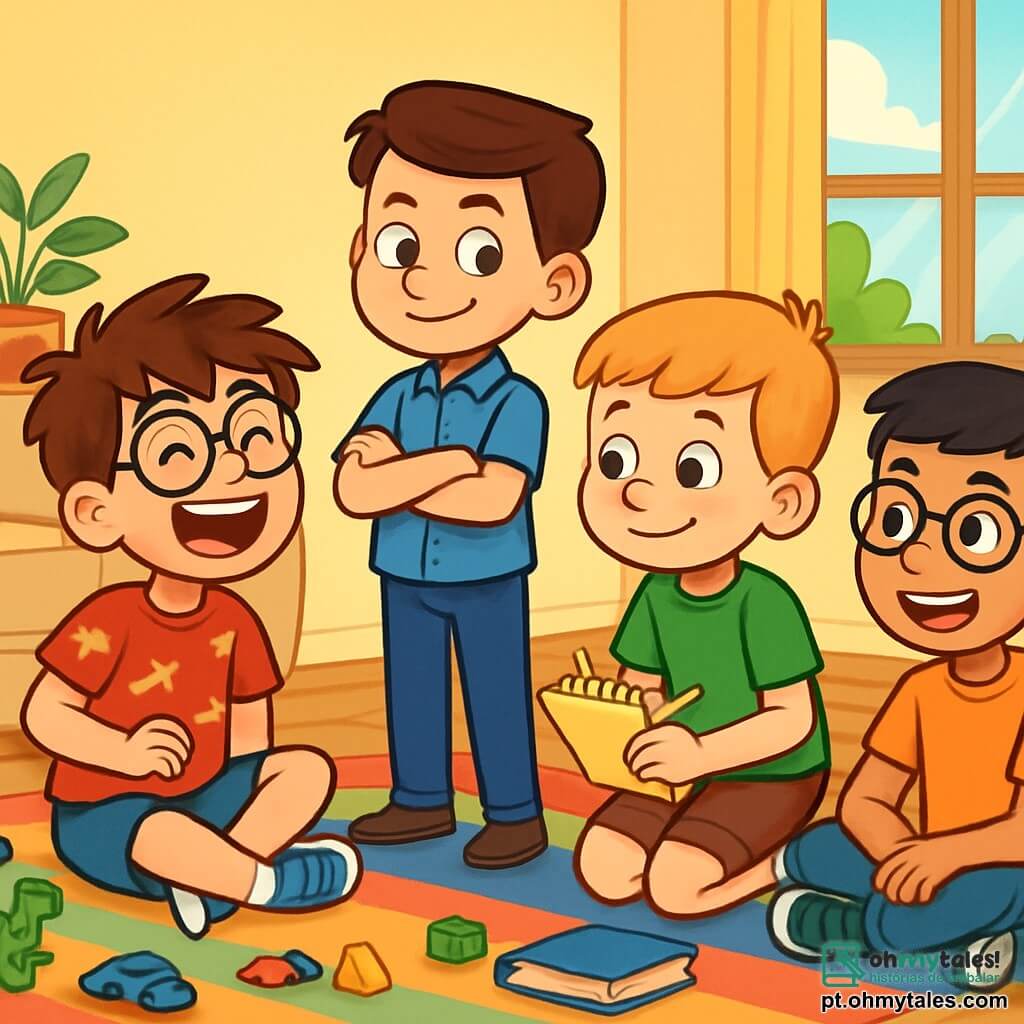 Há 4 crianças: - Rafa: um menino de 8 anos, com cabelo castanho bagunçado e óculos redondos. Ele usa uma camiseta vermelha com estampas de dinossauros e um short azul. Ele está sentado no tapete, rindo com entusiasmo. - Rui: um menino de 8 anos, idêntico a Rafa, mas com cabelo bem penteado para trás. Ele usa uma camisa azul e calças bem ajustadas. Ele está de pé ao lado de Rafa, com os braços cruzados e um sorriso travesso. - Tomás: um menino de 8 anos, com cabelo loiro e sardas. Ele usa uma camiseta verde e shorts. Ele está agachado perto dos gêmeos, segurando um caderno e um lápis, pronto para anotar suas aventuras. - Miguel: um menino de 8 anos, com cabelo preto e óculos. Ele usa uma camiseta laranja e jeans. Ele está sentado no tapete, com as pernas cruzadas, observando a cena com um grande sorriso. O local é a sala de estar de uma casa aconchegante, com paredes pintadas de amarelo claro. O tapete é colorido, cheio de brinquedos espalhados, e uma grande janela deixa entrar a luz do sol, iluminando o ambiente. A situação principal mostra as crianças planejando uma brincadeira divertida, com Rafa e Rui se olhando com sorrisos cúmplices, enquanto Tomás e Miguel tomam notas, cercados de brinquedos e livros, criando uma atmosfera alegre e cheia de energia.
