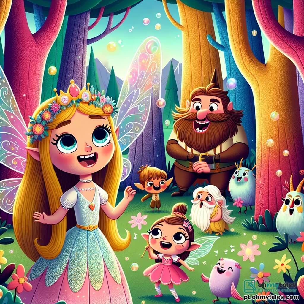 A princesa Lúcia, uma menina de cerca de 10 anos, tem longos cabelos dourados que brilham como o sol e olhos azuis cheios de travessura. Ela está no centro do cenário, sorridente e cheia de energia, contando uma piada para um grupo de criaturas encantadas. Ao seu lado, Pipoca, uma pequena fada com asas cintilantes, voa alegremente ao seu redor. Pipoca tem cabelos rosas e usa um vestido feito de pétalas de flores, rindo alto, com os olhos brilhando de alegria. Ao fundo, o Gigante do Lago, um homem grande com um rosto amigável e uma barba espessa, está de pé, rindo de todo coração, sua estatura imponente contrastando com a delicadeza de Lúcia e Pipoca. O cenário é uma floresta encantada, com árvores de troncos coloridos e flores que cantam. Bolhas de risadas flutuam no ar, criando uma atmosfera mágica e alegre. A cena mostra Lúcia, Pipoca e o Gigante compartilhando um momento de felicidade, cercados de risos e cores vibrantes, ilustrando o espírito de camaradagem e alegria do reino encantado.