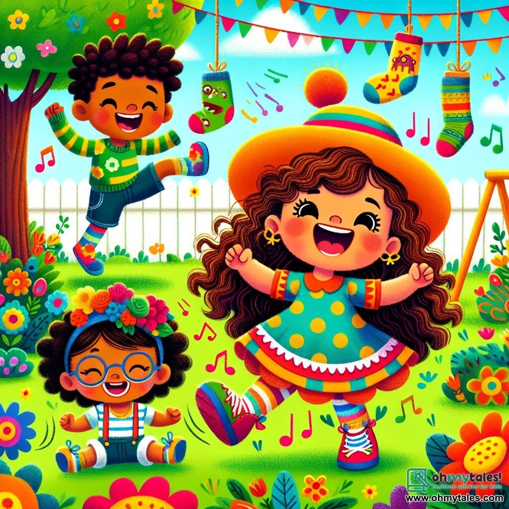 A 4-year-old girl with pretty brown curls and a big joyful smile wears a colorful polka dot dress and mismatched red socks. She dances in the garden, arms raised, full of energy and happiness. Next to her, a 5-year-old boy with an oversized hat and a bright smile holds a dinosaur sock, laughing heartily. Another character, a 4-year-old girl with round glasses and rainbow shoes, shakes her jingle socks, adding a musical touch to the scene. The sunny garden is filled with colorful flowers, a large leafy tree, and a wooden swing. In the center, the three friends participate in a silly sock parade, singing and dancing together, surrounded by laughter and joy.