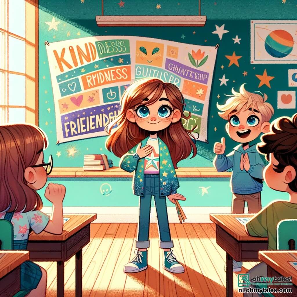 Een 11-jarig meisje, Lotte, met lang kastanjebruin haar en glanzende ogen, staat in het midden van de afbeelding, met een vastberaden en een beetje nerveuze blik. Ze draagt een kleurrijk t-shirt met sterren en een spijkerbroek, terwijl ze een grote kleurrijke poster vasthoudt met woorden als "Vriendelijkheid" en "Vriendschap". Aan haar rechterkant staat een 11-jarige jongen, Sam, met rommelig blond haar en een bemoedigende glimlach, die haar aanmoedigt met een duim omhoog, gekleed in een blauwe hoodie. Aan haar linkerkant kijkt een ander 11-jarig meisje, met krullend haar en een bril, met bewondering naar de poster, gekleed in een bloemenjurk. De scène speelt zich af in een lichte klaslokaal, met muren versierd met tekeningen van sterren en planeten, ramen die zonlicht binnenlaten, en houten bureaus in een cirkel geplaatst. Lotte presenteert haar poster aan haar klasgenoten, met een boodschap van steun en solidariteit tegen pesten, terwijl de andere kinderen aandachtig luisteren, wat een sfeer van kameraadschap en aanmoediging creëert.