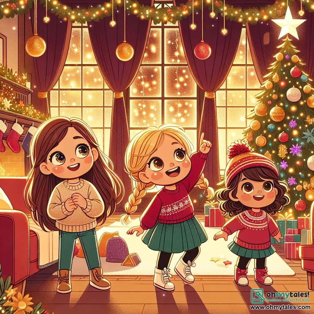 Three little girls are gathered in a warm and festive living room. Lily, a 7-year-old with long brown hair and sparkling eyes, stands on the left with her arms raised in joy in front of a large decorated Christmas tree. Next to her, Mia, 6 years old with braided blonde hair and a red sweater, crouches near the couch, looking curiously at the ground. Finally, Ava, 5 years old with curly hair and a Christmas hat, stands on the right, pointing up with a big smile at the empty spot where the star should be. The cozy room is filled with twinkling lights and Christmas decorations, with the majestic tree shining with colorful ornaments and golden garlands, while Christmas stockings hang from the stone fireplace. The main scene shows the three girls eagerly searching for the missing star for the top of the tree, their faces filled with excitement and determination amid the festive Christmas atmosphere.