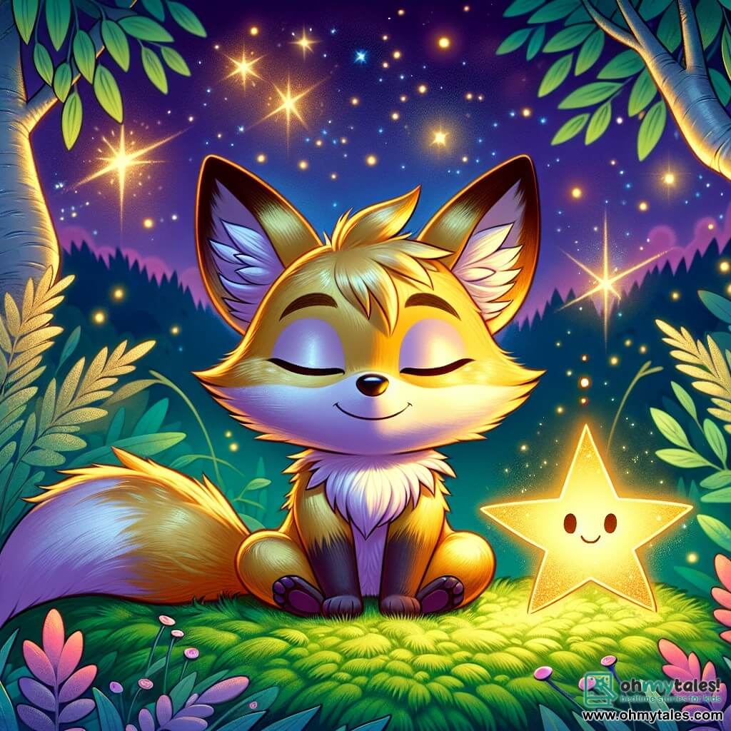 A small golden-furred fox named Felix, with bright curious eyes and a calm smile, sits on a bed of green moss, breathing deeply under a starry sky. He closes his eyes, his face radiating serenity, while sparkling fireflies dance around him, creating a magical atmosphere. Beside him, a soft, glowing star with a delicate shape and golden glimmers hovers gently above, emitting a warm and comforting light. It smiles tenderly, sharing a moment of calm and connection with Felix. The setting is a peaceful clearing surrounded by majestic trees with silver leaves, illuminated by moonlight. Pastel-colored night flowers bloom around them, adding a touch of magic to the environment. The main scene shows Felix meditating, breathing slowly and deeply, as the star's light and the fireflies' sparkle create a dreamy and tranquil ambiance, inviting relaxation and inner peace.