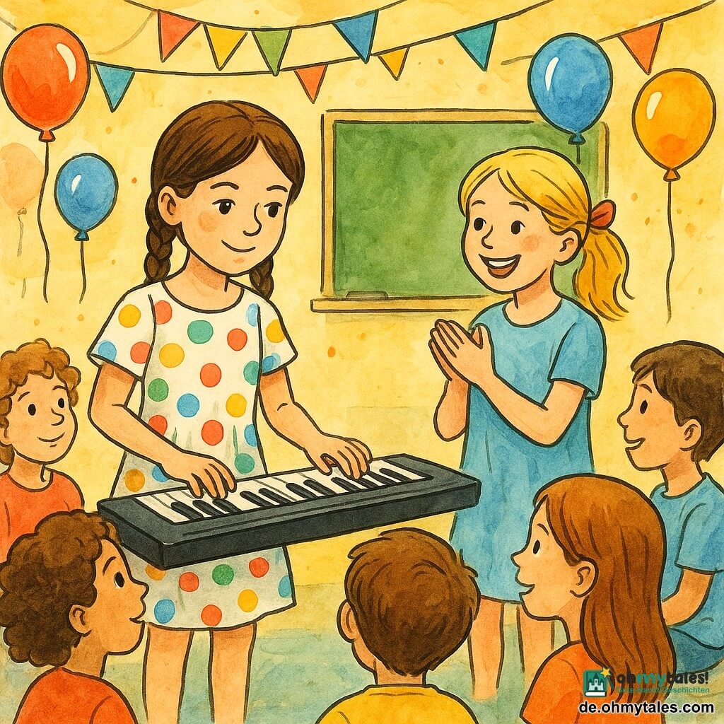 Ein 10-jähriges Mädchen namens Mia steht vor einem kleinen elektronischen Keyboard. Sie hat braune Haare in Zöpfen und trägt ein gepunktetes Kleid. Ihr Gesicht zeigt eine sanfte Entschlossenheit und ein leichtes Lächeln. Neben ihr steht Lina, ebenfalls 10 Jahre alt, mit blonden Haaren, die mit einem Band gebunden sind, und ermutigt sie mit einem breiten Lächeln. Sie steht leicht im Hintergrund und applaudiert leise. Die Szene spielt in einem Klassenzimmer, das für eine Feier dekoriert ist, mit bunten Girlanden an der Decke und Luftballons in den Ecken. Im Mittelpunkt steht Mia, die konzentriert und selbstbewusst eine Melodie auf dem Keyboard spielt, während Kinder im Kreis um sie herum aufmerksam zuhören, einige mit staunenden Ausdrücken.