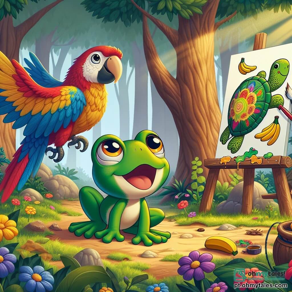 Uma pequena rã chamada Leonor, com pele verde brilhante e olhos curiosos, está no centro da cena, pulando alegremente com um grande sorriso no rosto. Ao seu lado, um papagaio colorido chamado Tico, com penas vermelhas, azuis e amarelas, bate as asas com entusiasmo, observando Leonor com admiração. Ao fundo, uma grande tartaruga chamada Tarta, com uma carapaça decorada, pinta uma grande imagem de banana em uma tela, com uma expressão concentrada. A cena se passa em uma floresta encantada, onde grandes árvores criam um abrigo natural e flores multicoloridas enfeitam o chão, enquanto um raio de sol ilumina o espaço de forma acolhedora. Leonor investiga um mistério de bananas espalhadas, cercada por seus amigos animais, todos prontos para resolver o problema juntos em um ambiente alegre e amistoso.