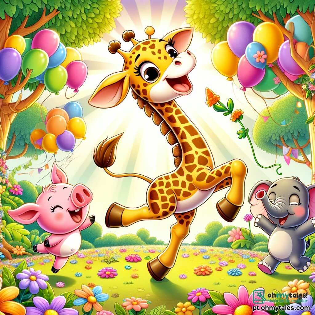 Uma girafa alegre chamada Gigi, com um longo pescoço manchado e grandes olhos brilhantes, dança entusiasticamente no meio de uma festa colorida na floresta. Ela sorri amplamente, suas patas alongadas se elevando graciosamente no ar, cercada por flores vibrantes e balões feitos de folhas. Ao lado dela, um porquinho travesso chamado Pipo, com pelagem rosa e orelhas em pé, salta de alegria segurando uma cenoura com as patas dianteiras. Mais adiante, uma elefanta amigável chamada Tina, com grandes orelhas e pele cinza, despeja água fresca em um balde, sorrindo para seus amigos. A cena acontece em uma floresta mágica, onde as árvores são altas e frondosas, e raios de sol filtram através dos galhos, iluminando o chão coberto de flores multicoloridas. No centro da imagem, Gigi e seus amigos se divertem juntos em um ambiente festivo, com risos e música, celebrando sua amizade em uma festa inesquecível.
