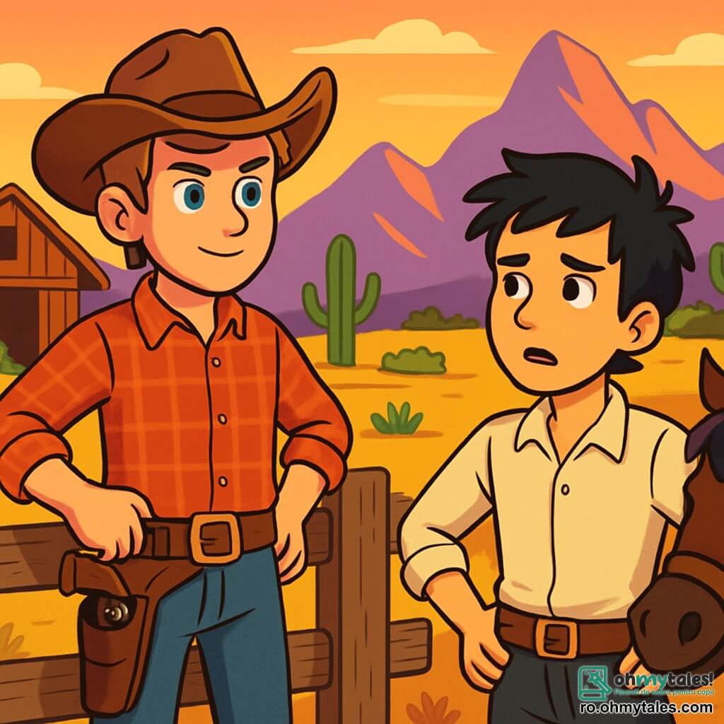 Un tânăr cowboy, Sam Colt, un bărbat de 20 de ani cu ochi albastri și păr castaniu deschis, stă în picioare, hotărât, lângă un vechi gard de lemn. Poartă o curea lată din piele cu un revolver, o cămașă în carouri roșii și o pălărie de cowboy uzată. Lângă el, prietenul său Tom, un băiat de 18 ani cu părul negru zbârlit și o expresie îngrijorată, a coborât de pe cal, cu mâinile pe șolduri, privind orizontul cu anxietate. Decorul este o fermă din Vestul Sălbatic, cu câmpuri aurii sub un cer portocalie și violet la apus. În fundal, se profilează munți abrupți, iar cactușii și arbuștii spinoși împânzesc peisajul arid. Sam și Tom discută intens, planificând aventura de a urmări hoții de tren care se ascund în munți. Atmosfera este plină de excitație și suspans, cu umbre lungi proiectate de soarele apunând.