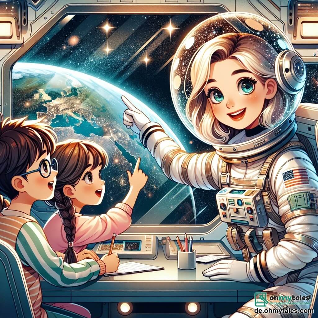 Clara, eine lächelnde Astronautin, steht im Mittelpunkt des Bildes, gekleidet in einen weißen und silbernen Raumanzug mit einem durchsichtigen Helm, der die Sterne reflektiert. Ihre Augen funkeln vor Aufregung, während sie auf die Erde zeigt, die durch das Fenster der Raumstation sichtbar ist. Rechts von ihr sitzt Tim, ein 8-jähriger Junge mit großen Brillen und zerzausten braunen Haaren, mit weit aufgerissenen Augen der Verwunderung, einen kleinen Notizblock und einen Bleistift haltend. Links von ihr hebt Mia, ein 7-jähriges Mädchen mit geflochtenen blonden Haaren, begeistert die Hand, bereit eine Frage zu stellen, ihr Gesicht strahlt Neugier aus. Die Szene spielt sich im Inneren der Internationalen Raumstation ab, mit metallischen Wänden und leuchtenden Kontrollpaneelen. Fenster bieten einen spektakulären Blick auf den Weltraum, übersät mit funkelnden Sternen und einer blauen und grünen Erde darunter. Clara erzählt faszinierende Geschichten über ihre Abenteuer im Weltraum, während die Kinder aufmerksam zuhören, gefesselt von ihren Erzählungen und davon träumen, selbst Astronauten zu werden.