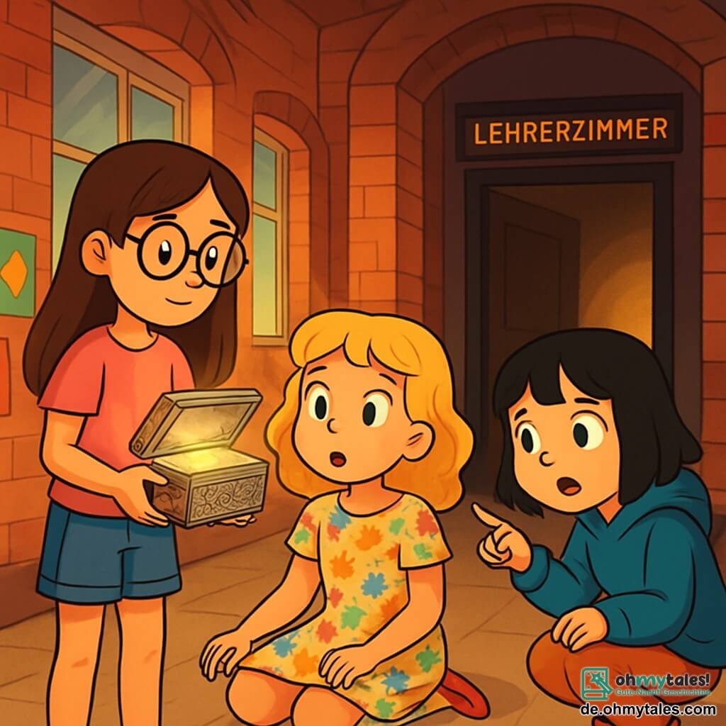 Es gibt drei Charaktere: - Mia: ein 10-jähriges Mädchen mit langen braunen Haaren und runden Brillen. Sie trägt ein pinkes T-Shirt und eine Jeansshorts. Sie steht und hält das geheimnisvolle silberne Kästchen in ihren Händen mit einem neugierigen Blick. - Emma: ein 10-jähriges Mädchen mit lockigem blonden Haar, das ein buntes Blumenkleid trägt. Sie sitzt auf dem Boden mit weit aufgerissenen Augen des Staunens und schaut auf das Kästchen. - Lila: ein 10-jähriges Mädchen mit schwarzen Haaren und einem Pony, gekleidet in einem blauen Kapuzenpullover. Sie hockt neben Emma und zeigt mit besorgtem Gesichtsausdruck auf den dunklen Flur. Der Ort ist eine alte Grundschule mit roten Backsteinmauern und kleinen Fenstern. Der Flur ist von gedämpftem Licht erleuchtet, und bunte Plakate schmücken die Wände. Im Hintergrund sieht man eine Holztür, die zum geheimnisvollen Lehrerzimmer führt, aus dem ein intrigierendes Licht strahlt. Die Hauptsituation zeigt die drei Freundinnen, die neugierig und ein wenig ängstlich den dunklen Flur der Schule erkunden und das leuchtende Kästchen halten, während ein leises Geräusch von Lachen hinter der Tür des Lehrerzimmers zu hören ist.