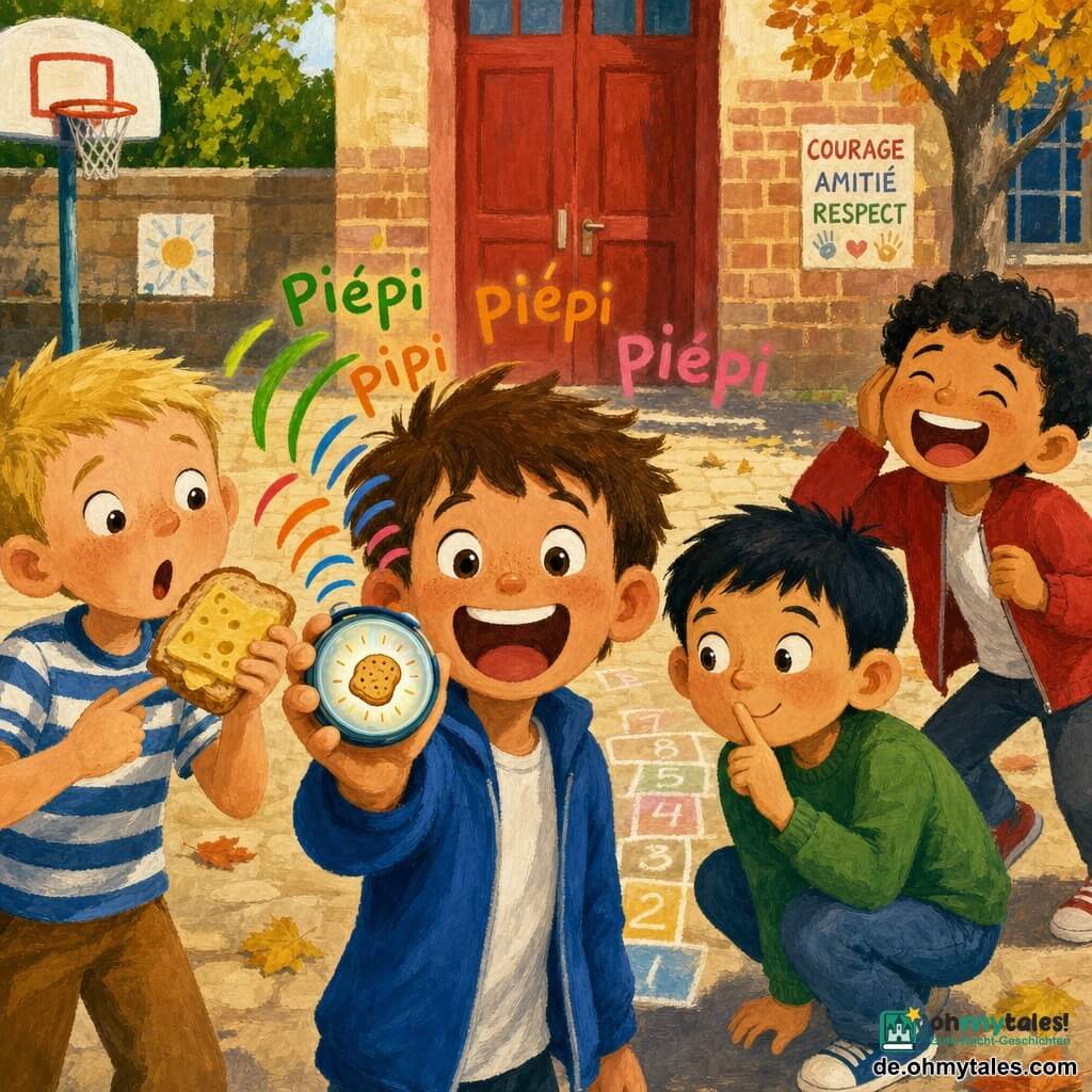 Vier Kinder: Ben, ~8, braune zerzauste Haare, blaue Jacke, vorne Mitte, hält ein rundes blinkendes Keksobjekt und lächelt; Oskar, ~8, kurze blonde Haare, gestreiftes T‑Shirt, links von Ben, hält stolz ein Käse‑Sandwich; Emil, ~8, kurze schwarze Haare, grüner Pullover, hockt rechts von Ben, Finger an den Lippen, verschmitzt; Farid, ~8, lockige schwarze Haare, rote Jacke, ganz rechts leicht zurückgesetzt, lacht und hält sich ein Ohr zu. Ort: sonniger Schulhof mit beigen Pflastersteinen, roter Holztür, niedrigem Ziegelmauerchen, Basketballkorb links, Kreide‑Hüpfspiel, Herbstblättern und weichen Schatten; sichtbare Gouachetextur, kräftige Farben, unregelmäßige Pinselstriche, leicht unscharfe Konturen. Szene: die vier bilden eine lebhafte Gruppe, das blinkende Kekskompass‑Objekt sendet kleine farbige Wellen, sie suchen eine verlorene Keksdose, flüstern Pläne und lachen; fröhliche Stimmung, übertriebene Mimik, energiegeladene Gesten, Komposition auf dem runden Objekt und neugierigen Gesichtern, gouache‑Illustrationsstil für Kinder, warme kontrastreiche Palette, einfache Formen.