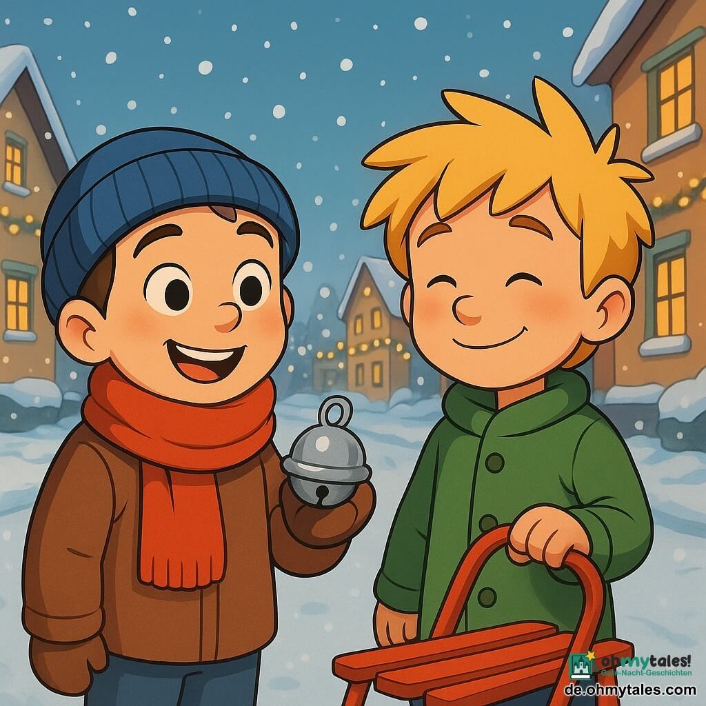 Der 6-jährige Benni mit funkelnden Augen und von der Kälte geröteten Wangen hält ein kleines, glänzendes silbernes Glöckchen in der Hand. Er trägt einen warmen roten Schal und eine blaue Wollmütze. Ein strahlendes Lächeln ziert sein Gesicht. Neben Benni steht Timmy, ebenfalls 6 Jahre alt, mit zerzausten blonden Haaren und einem grünen Mantel. Timmy wirkt erleichtert und glücklich, da er seinen wiedergefundenen roten Schlitten in der Hand hält. Sie befinden sich in einer verschneiten Straße, gesäumt von Häusern, die mit funkelnden Lichterketten geschmückt sind. Sanfte Schneeflocken fallen vom Himmel und verleihen der Szene einen magischen Touch. Im Mittelpunkt steht die Freude und Freundschaft von Benni und Timmy, die die Wiederentdeckung des Schlittens feiern.