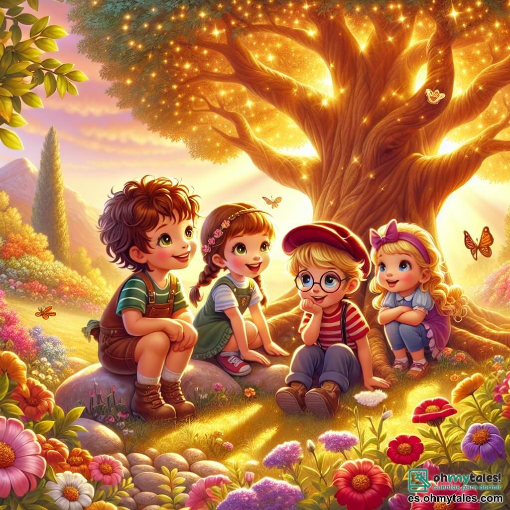 En un hermoso jardín soleado, cuatro niños están reunidos alrededor de un gran árbol con hojas doradas que brillan como estrellas. Lila, una niña de 8 años con largos cabellos castaños y ojos brillantes, está sentada en una pequeña piedra, sonriente y llena de alegría. A su lado, Tomás, un niño de 9 años con gafas y cabello rizado, se inclina hacia el árbol, curioso y atento. María, una niña de 7 años con cabello rubio y trenzas, está de pie con los brazos cruzados, mirando asombrada, mientras Lucas, un niño de 8 años con una gorra roja y una camiseta a rayas, se agacha para escuchar las palabras del misterioso árbol. El jardín está lleno de flores coloridas, mariposas revoloteando y una suave luz dorada que ilumina la escena. Al fondo, se ve una pequeña colina verde, añadiendo belleza al paisaje. Los niños hacen preguntas al gran árbol mágico, que les responde con sabiduría, creando una atmósfera de descubrimiento y asombro.