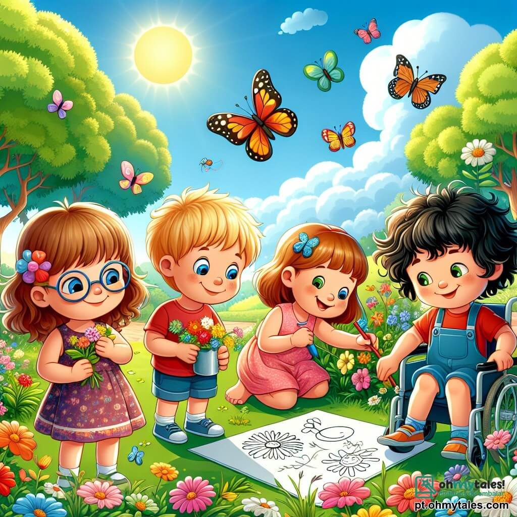 Em um parque ensolarado, cinco crianças brincam juntas. Ana, uma menina de 8 anos com cabelos castanhos e óculos, está colhendo flores coloridas. Ao lado dela, João, um menino de 7 anos com cabelos loiros e uma camiseta vermelha, admira as borboletas que voam ao redor. Maria, uma menina de 9 anos com cabelos cacheados e um vestido rosa, desenha em um grande papel sobre a grama. Tiago, um menino de 6 anos com cabelos negros e um short azul, está sentado ao lado de Maria, desenhando uma grande borboleta. Por fim, Pedro, um menino de 8 anos em cadeira de rodas com cabelos castanhos e um sorriso radiante, desenha um sol brilhante em seu papel. O parque está cheio de flores multicoloridas, grandes árvores verdes e um céu azul brilhante. Os pássaros cantam e as borboletas dançam no ar suave da primavera. As crianças riem e se divertem juntas, compartilhando sua alegria ao desenhar a beleza da natureza ao seu redor.